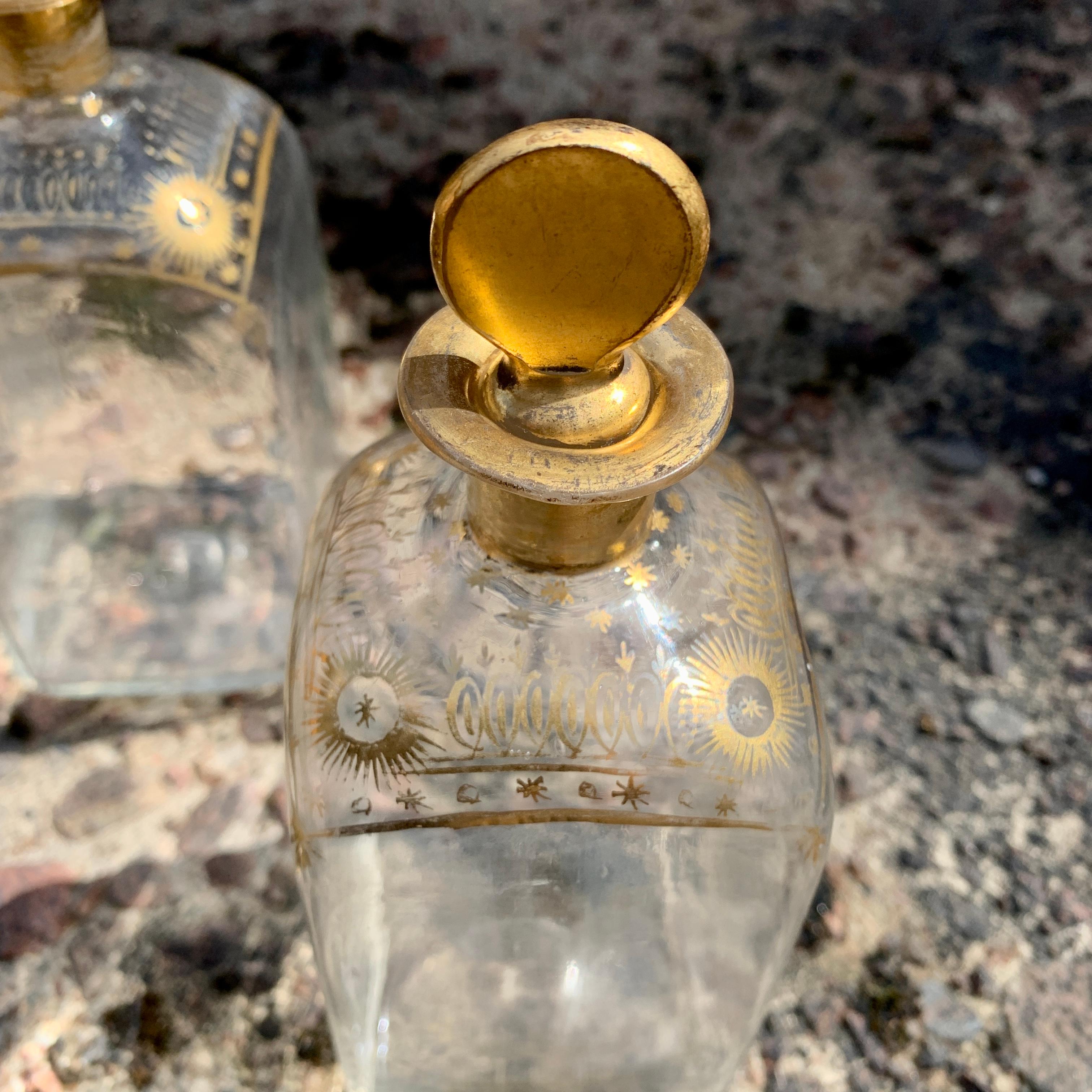 Hand-Painted 3 French Louis XVI Hand-Blown and Gold Decor Liquor Bottles For Sale