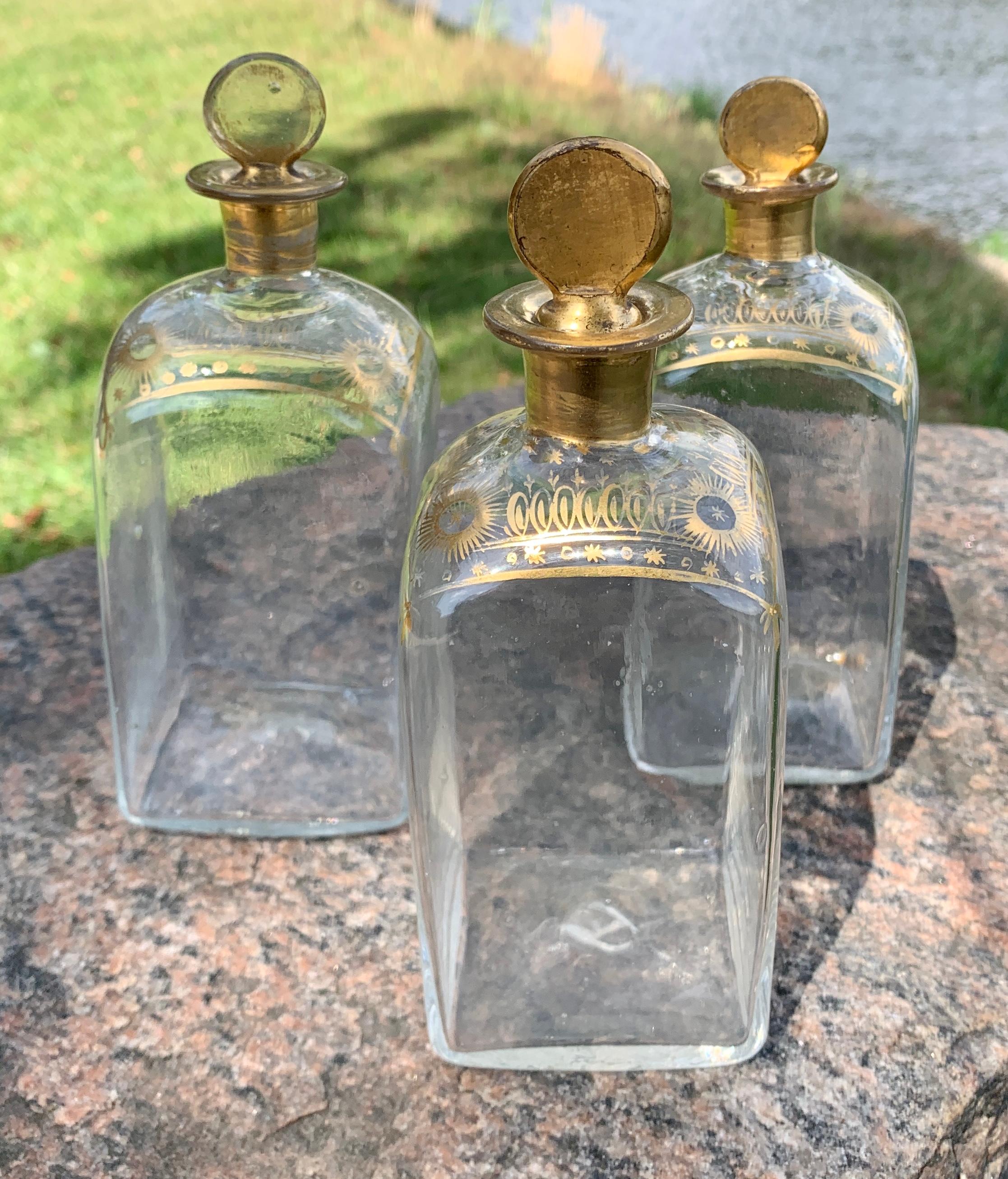 Glass 3 French Louis XVI Hand-Blown and Gold Decor Liquor Bottles For Sale