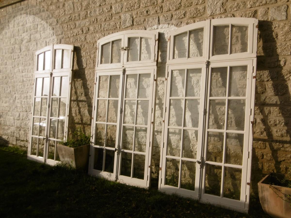 Wood 3 French Orangerie Castle Double Window Doors, 19th Century