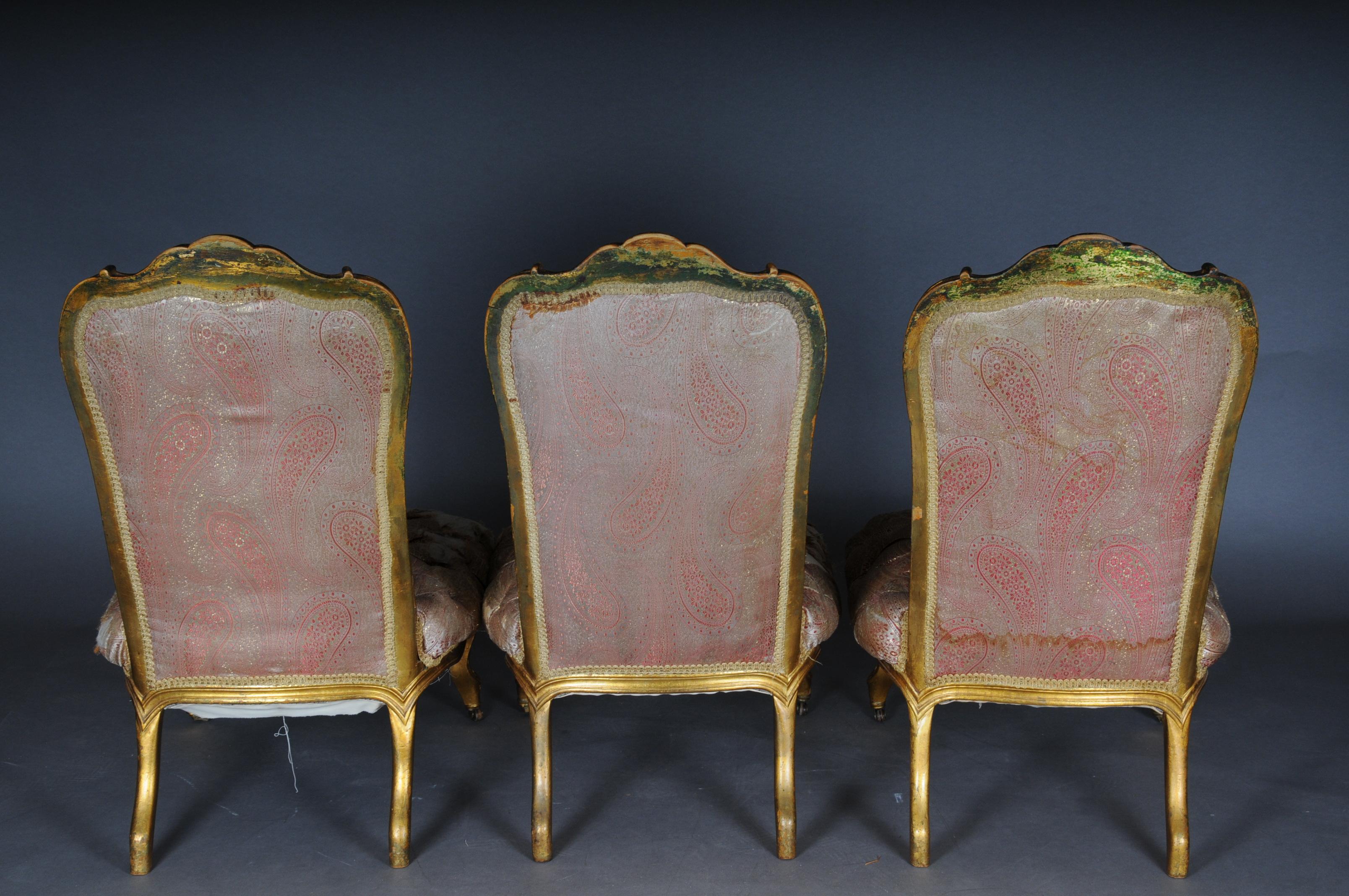 Beech 3 French Salon Lounge Chairs from the Bellevue Palace in Berlin, Gold from 1890 For Sale