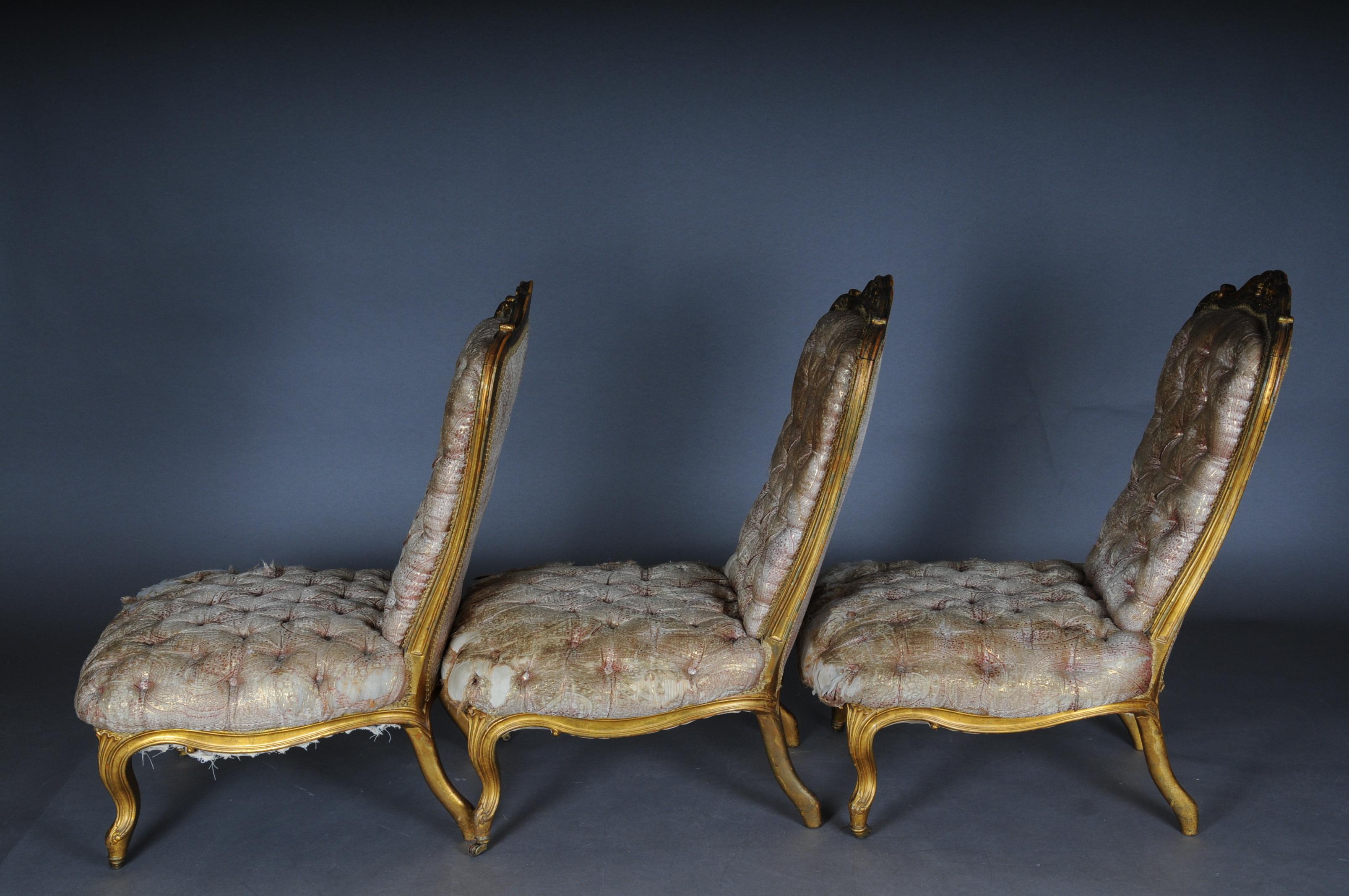 3 French Salon Lounge Chairs from the Bellevue Palace in Berlin, Gold from 1890 For Sale 1