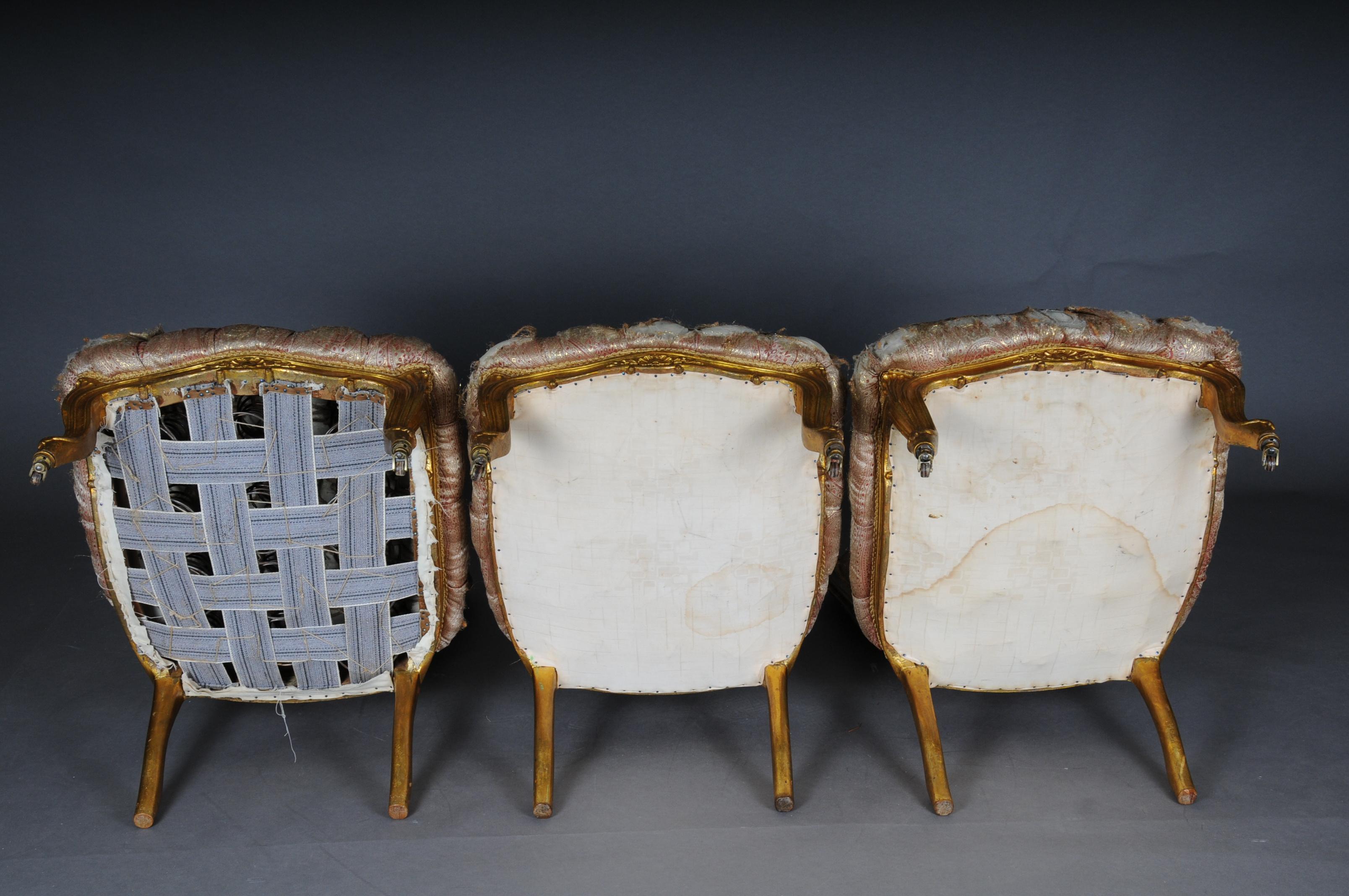 3 French Salon Lounge Chairs from the Bellevue Palace in Berlin, Gold from 1890 For Sale 2