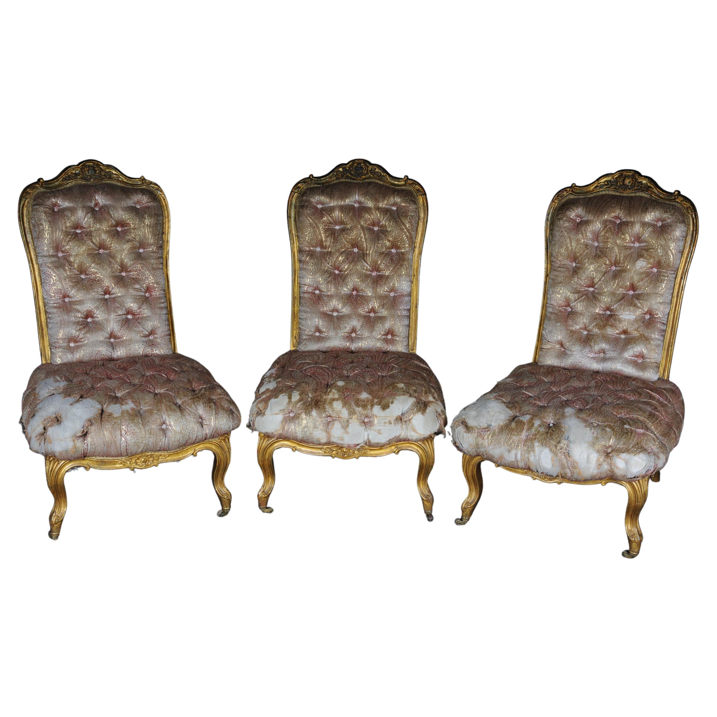 3 French Salon Lounge Chairs from the Bellevue Palace in Berlin, Gold from 1890 For Sale