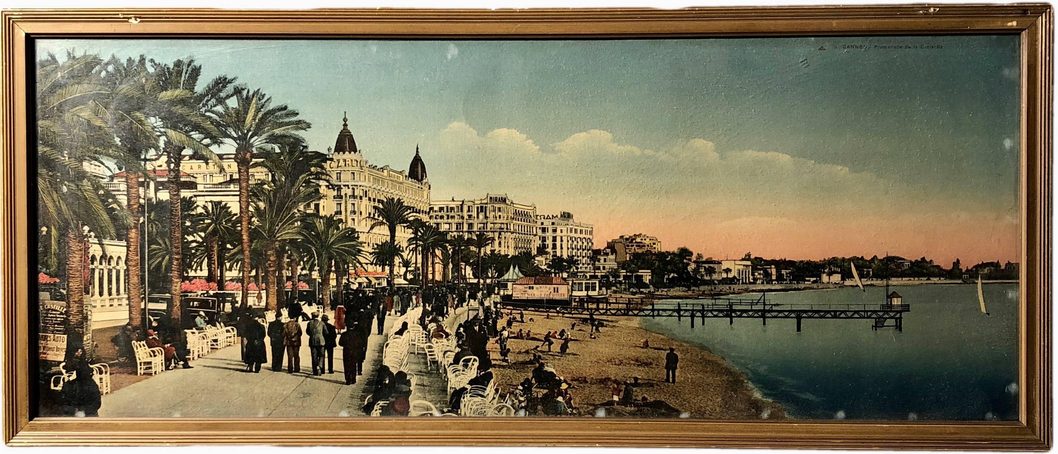 These are three lovely French Souvenir colorized photos of Cannes, Nice and Menton from the early 1900s. All are in decorative wooden frames with glass.
The first is the city of Menton, its gardens, casino and Montagnes Ste Agnès
The second is the
