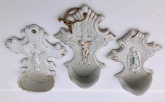 3 French White Porcelain Holy Water Fonts ‘Bénitiers’ with Crucifixes and Mary