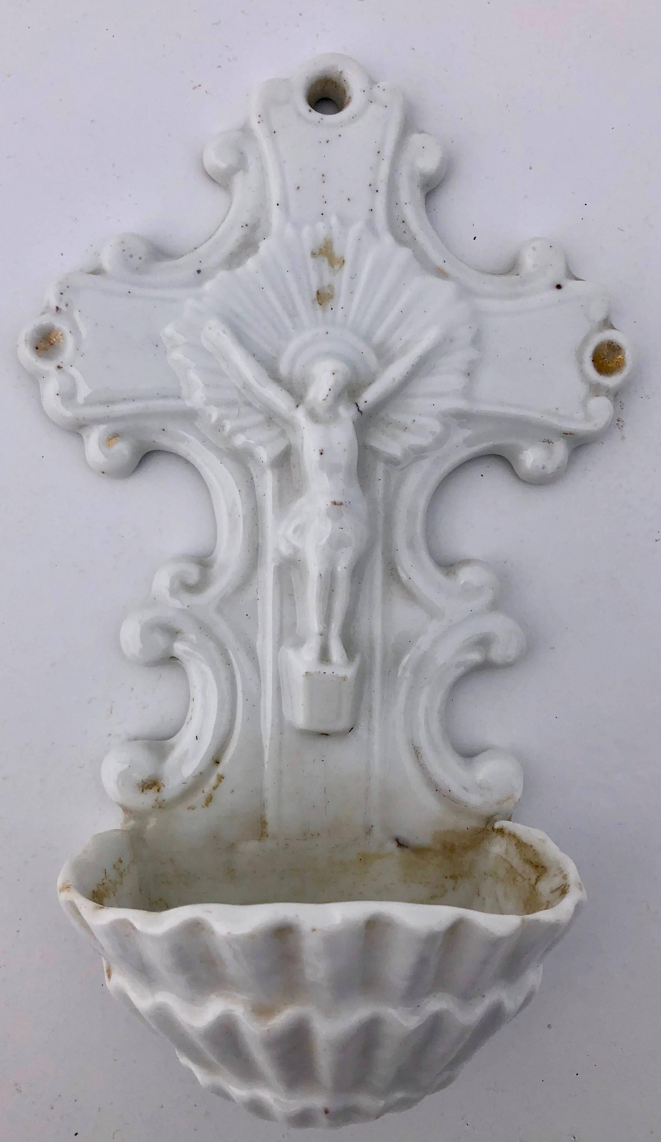 20th Century 3 French White Porcelain Holy Water Fonts ‘Bénitiers’ with Crucifixes and Mary For Sale