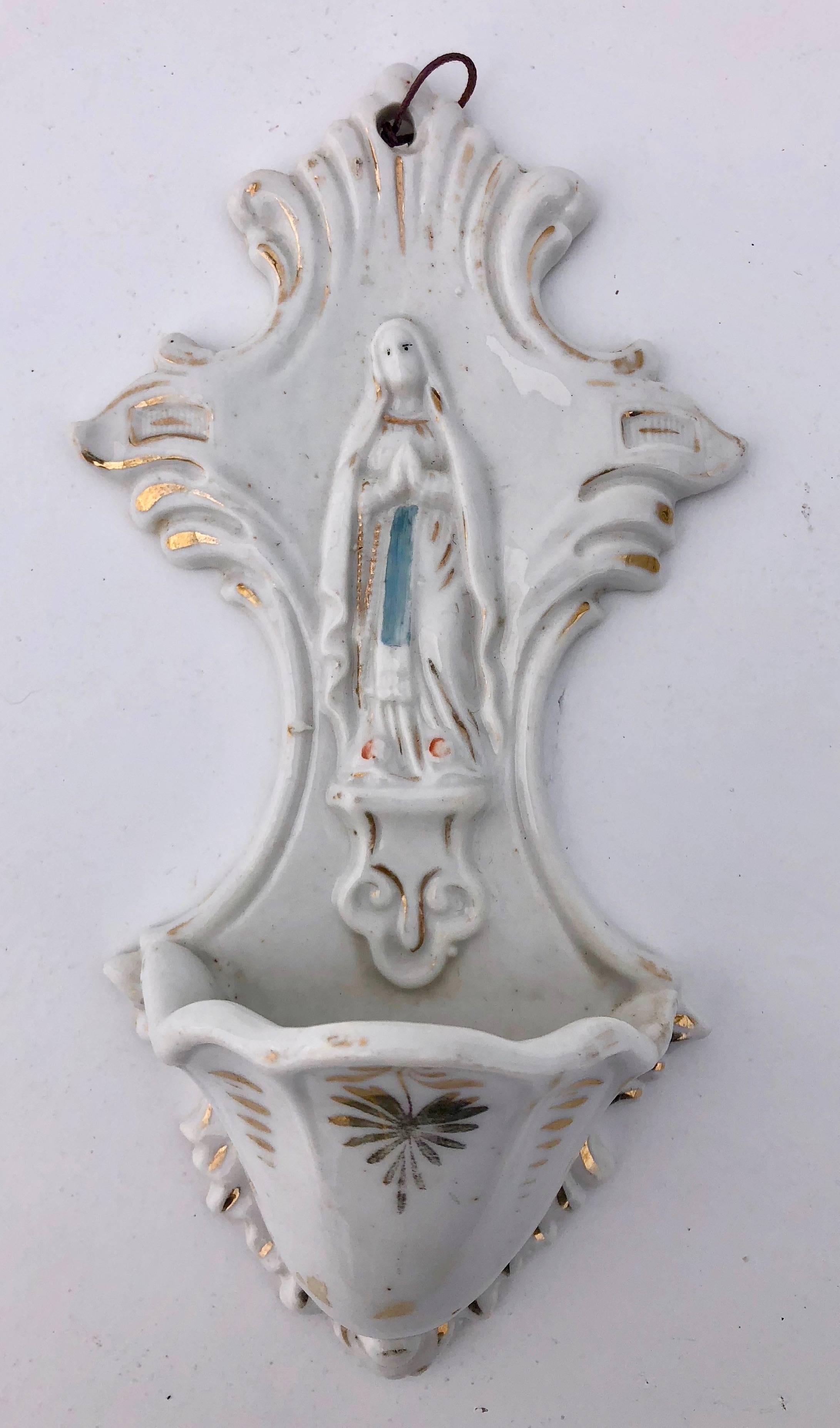 Faience 3 French White Porcelain Holy Water Fonts ‘Bénitiers’ with Crucifixes and Mary For Sale