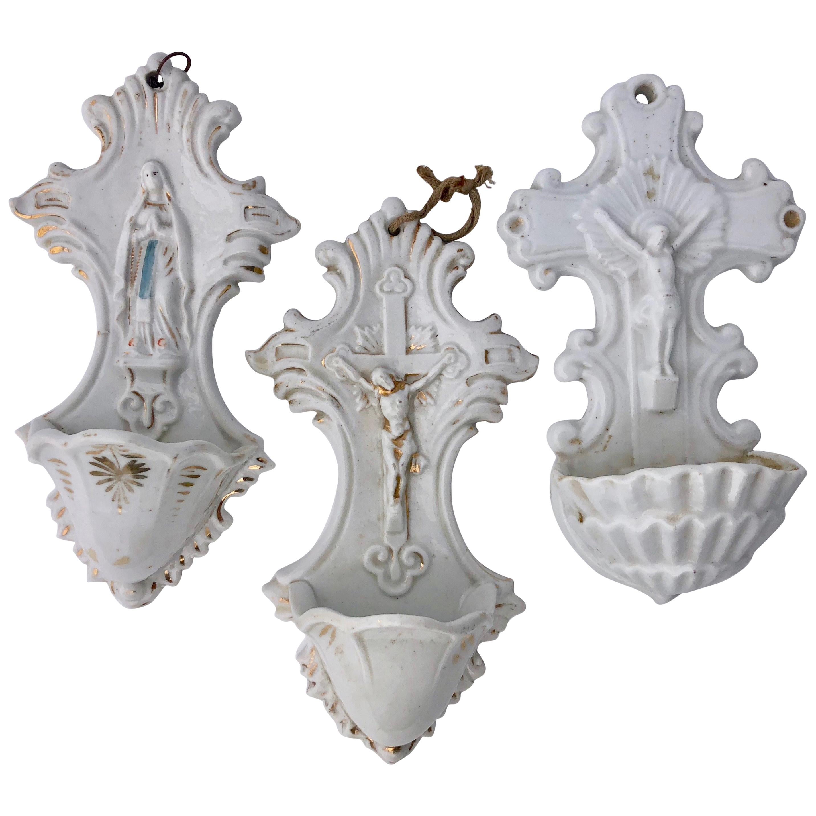 3 French White Porcelain Holy Water Fonts ‘Bénitiers’ with Crucifixes and Mary For Sale