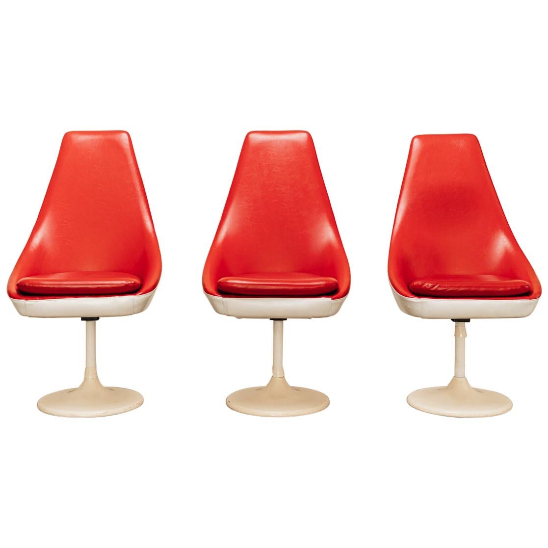 3 Funky Red and White Midcentury Dining Chairs For Sale