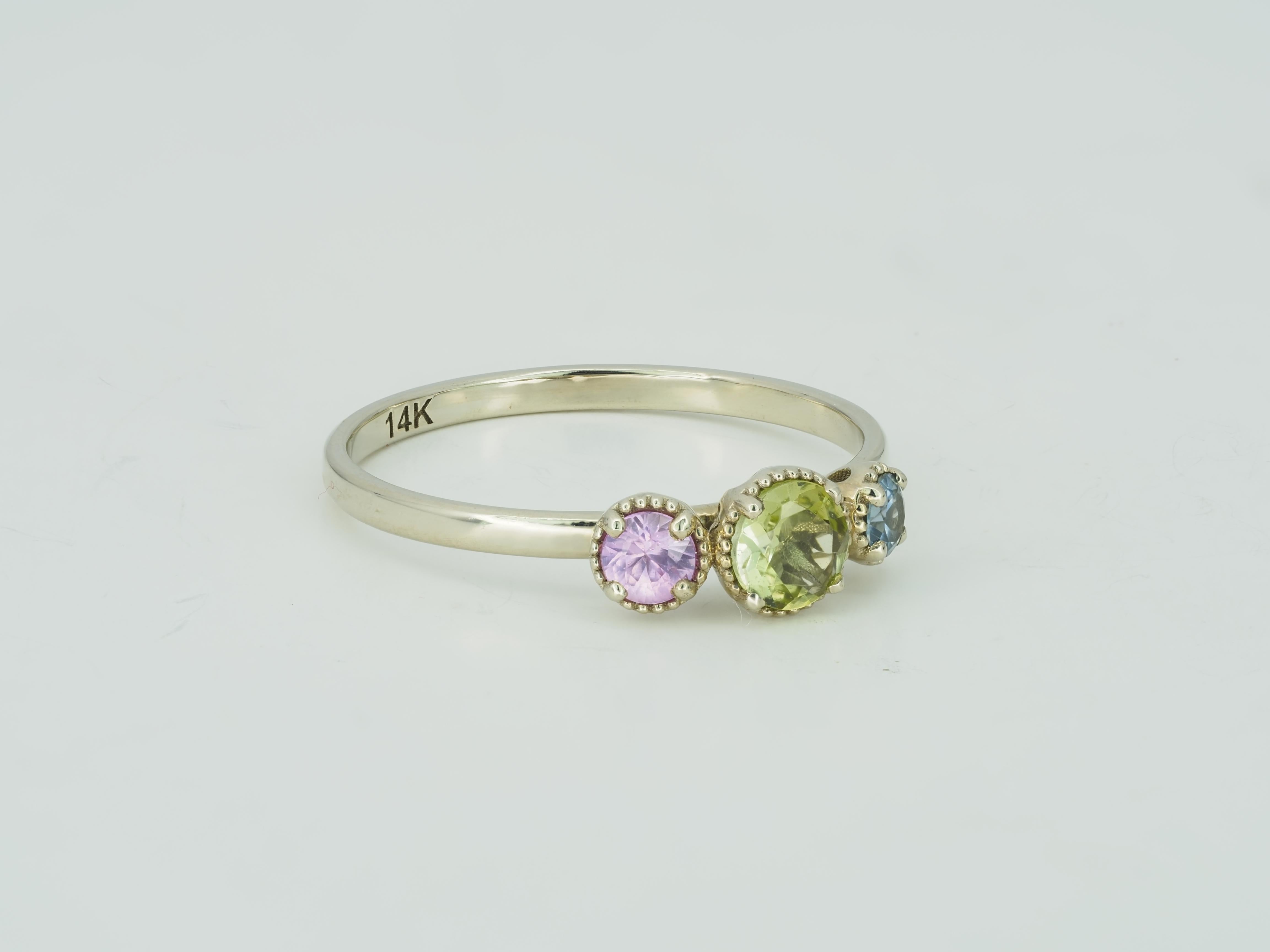 Modern 3 Gemstone Gold Ring: Sapphire, Tourmaline