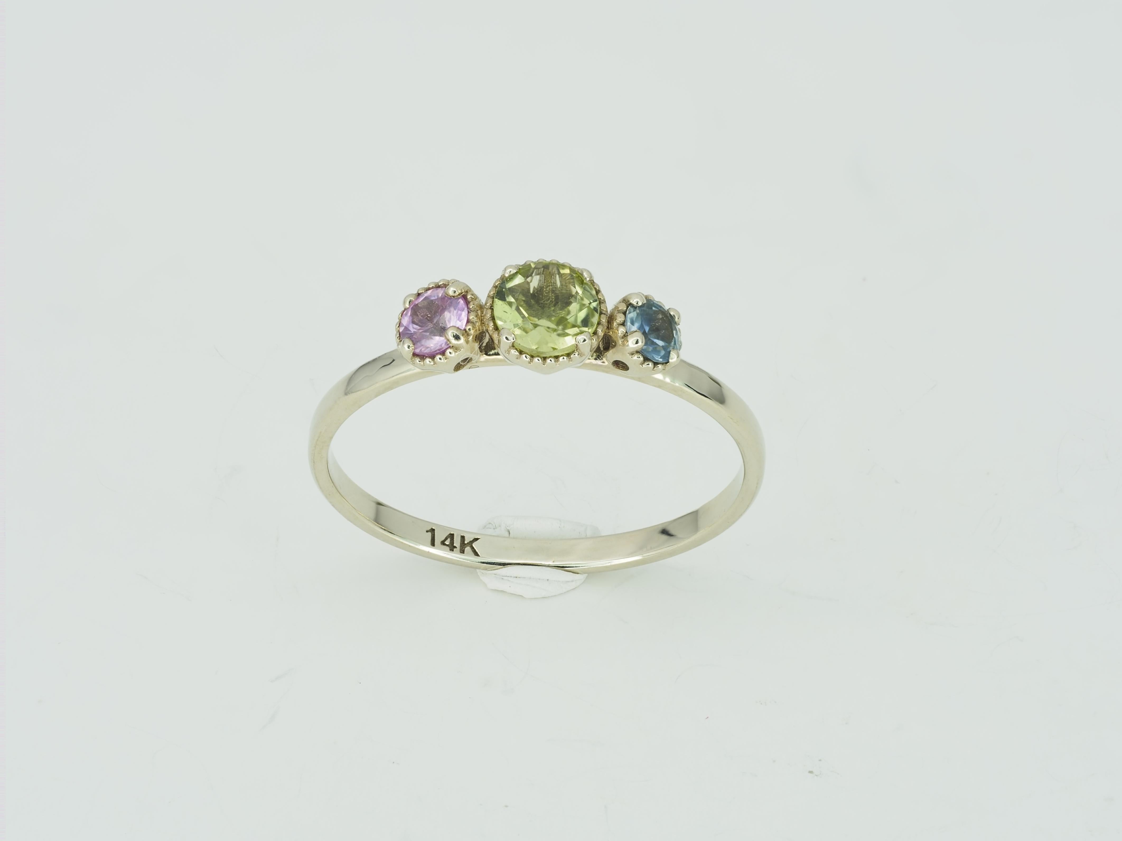 3 Gemstone Gold Ring: Sapphire, Tourmaline In New Condition In Istanbul, TR