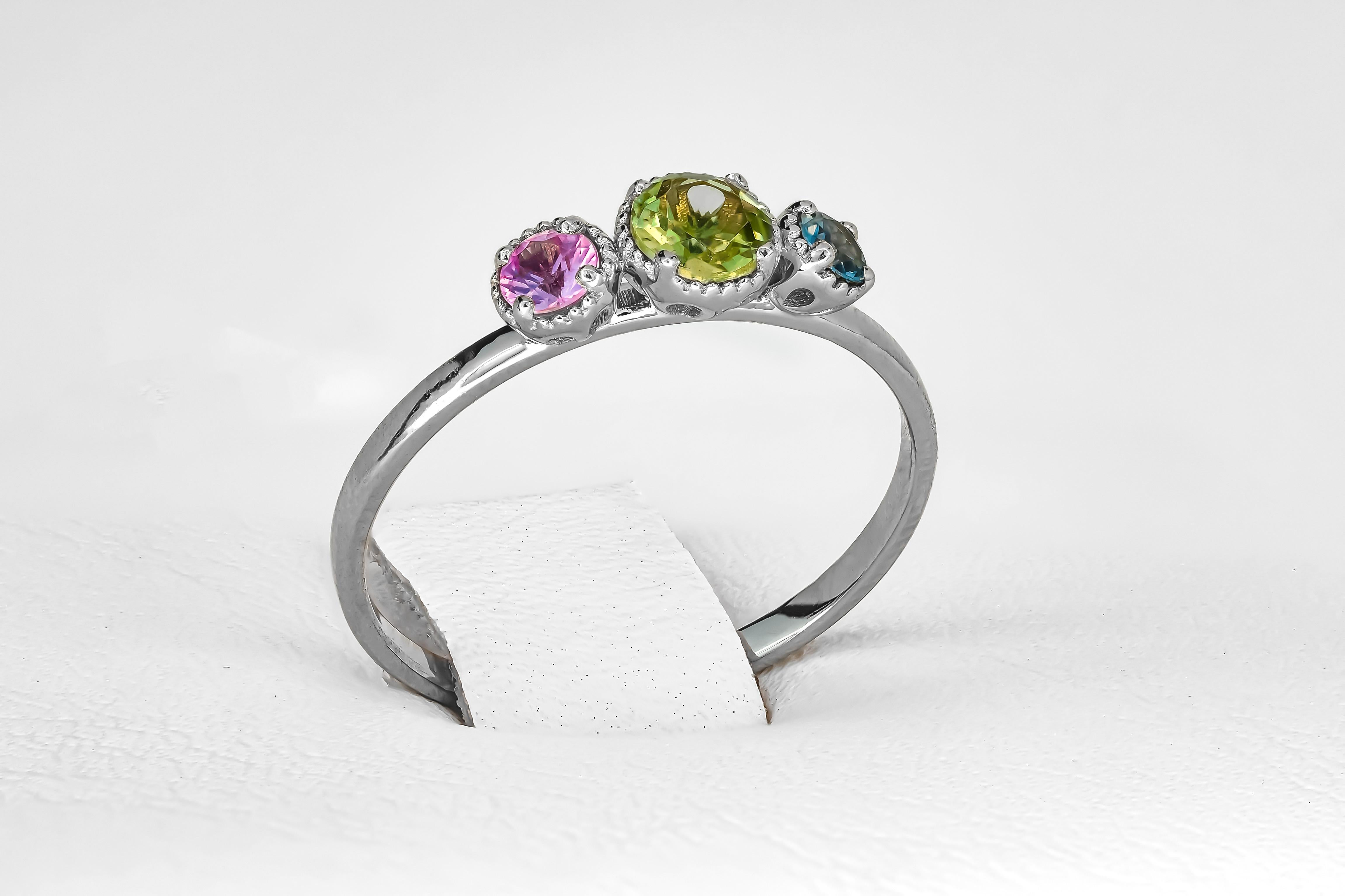 Women's or Men's 3 Gemstone Gold Ring: Sapphire, Tourmaline