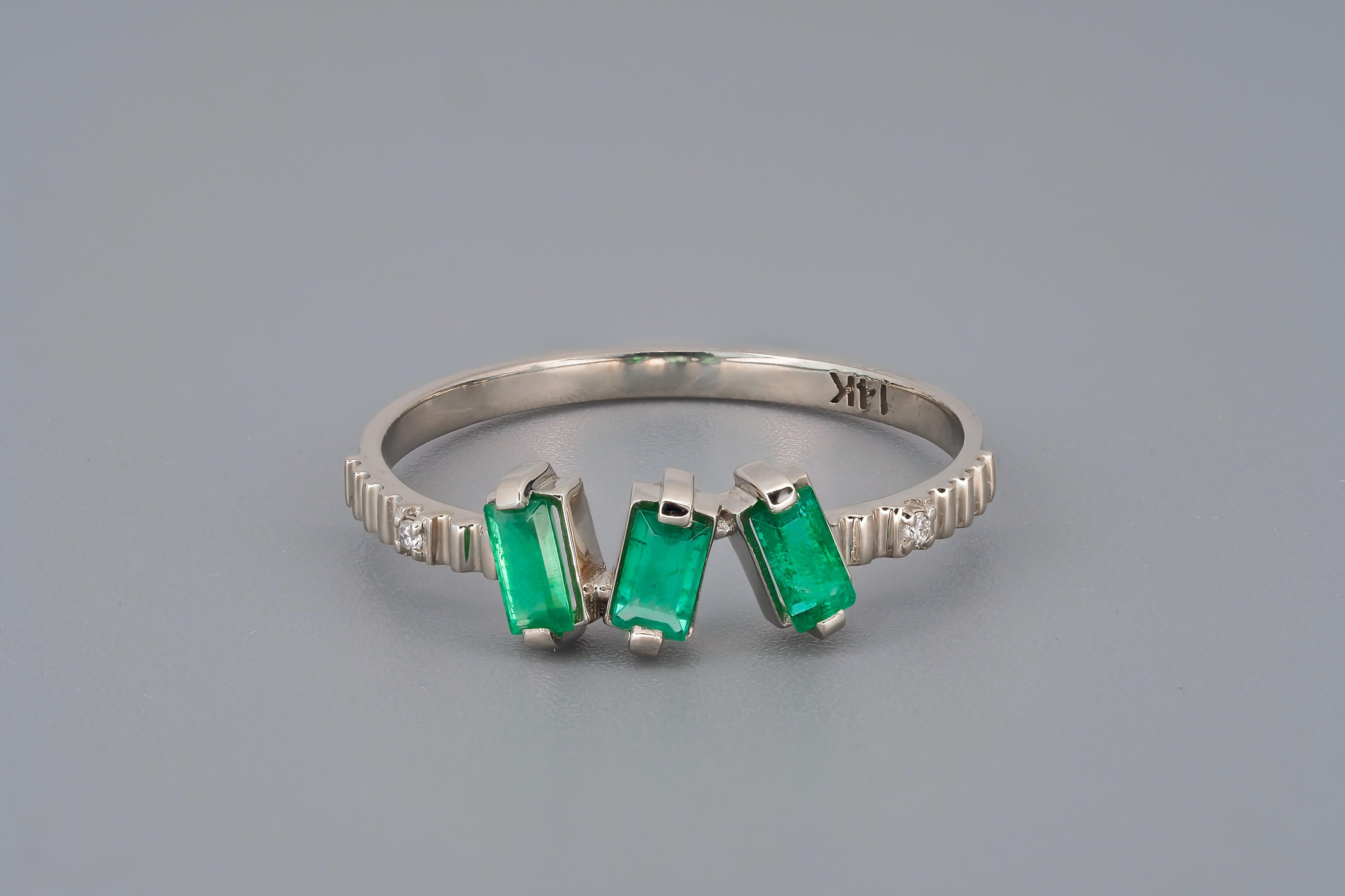 3 gemstone gold ring with emeralds. 
14k gold ring with Emeralds and diamonds. Baguette emerald ring. Emerald engagement ring. May birthstone ring.

Metal: 14k gold
Weight: 1.55 g. depends from size.

Central stone: Emeralds - 3 pieces
Cut: