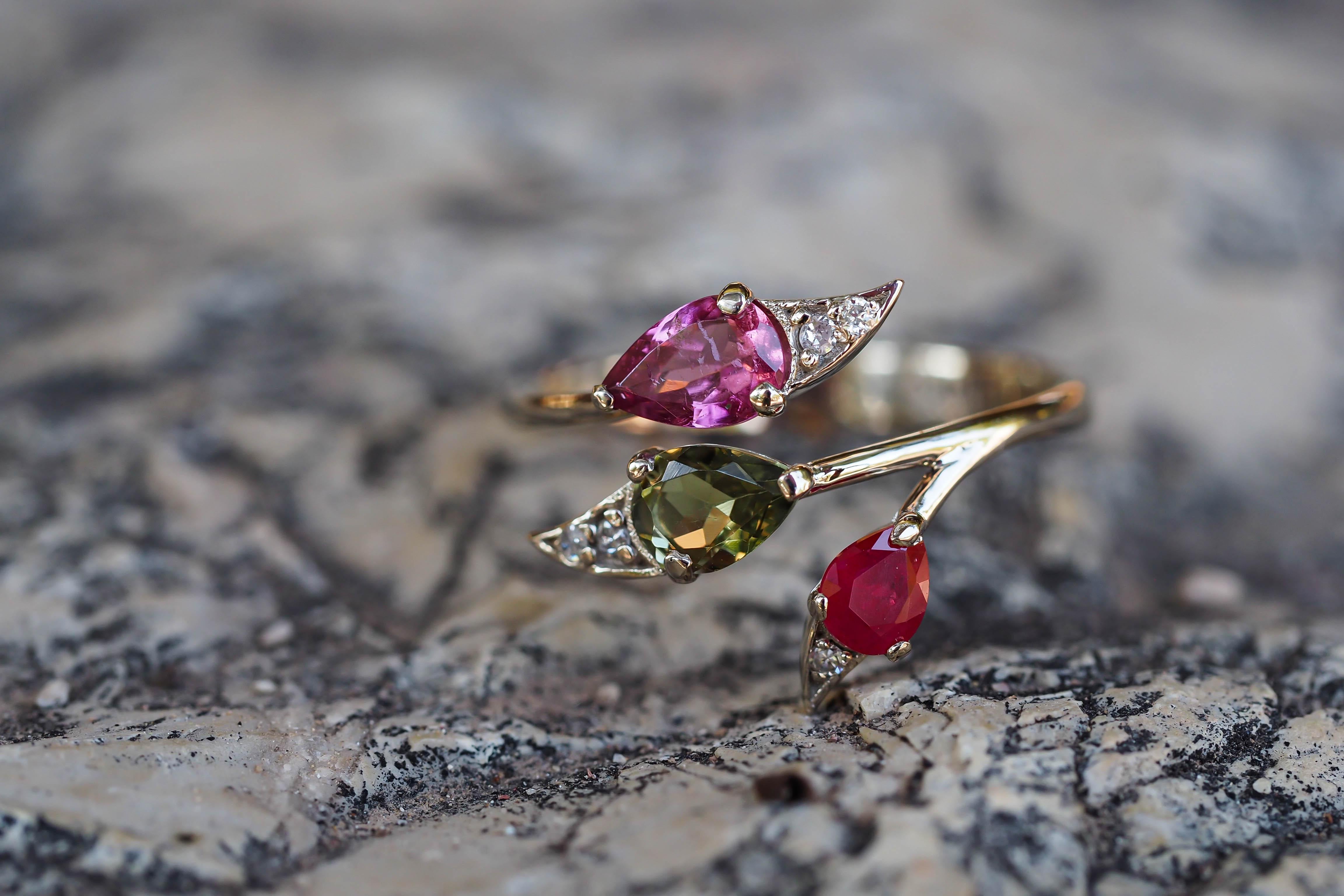 For Sale:  3 gemstone ring. Tourmalines and ruby gold ring. Multicolor gemstones ring. 14