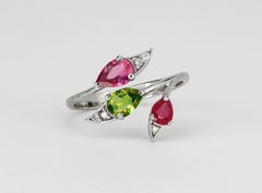 3 gemstone ring. Tourmalines and ruby gold ring. Multicolor gemstones ring.