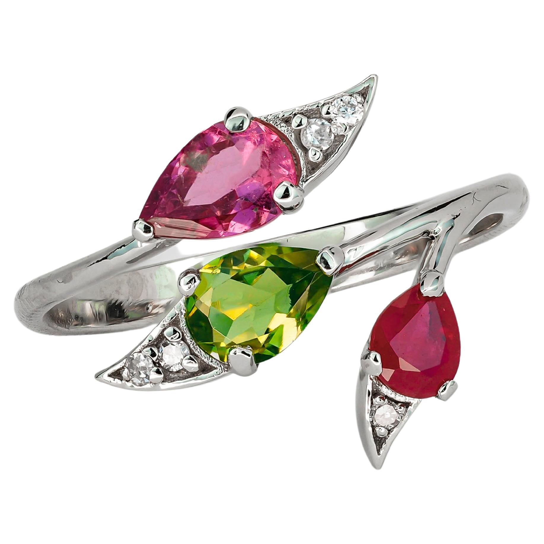 3 gemstone ring. Tourmalines and ruby gold ring. Multicolor gemstones ring.