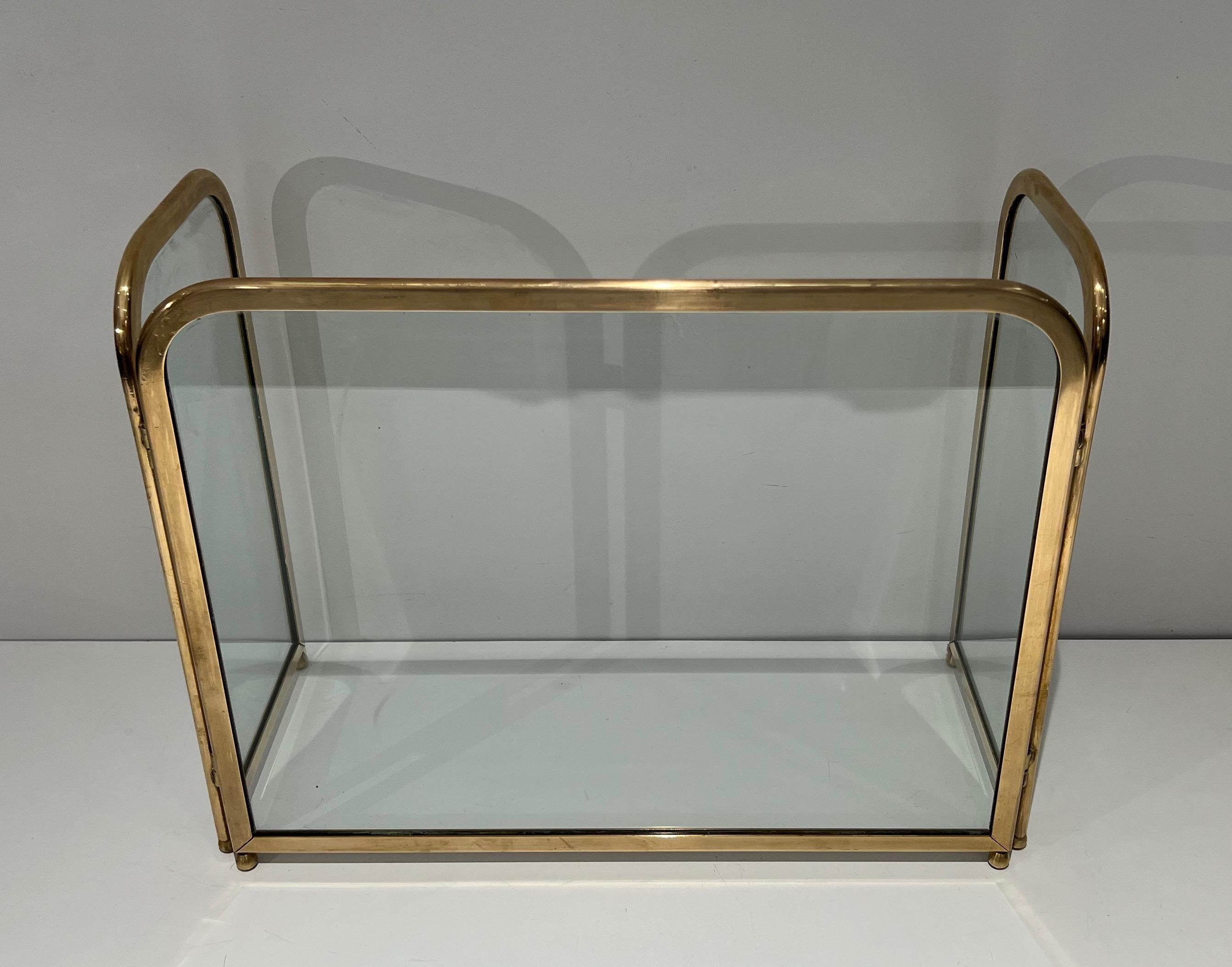 French 3 Glass Panels Fireplace Screen in a Brass Frame