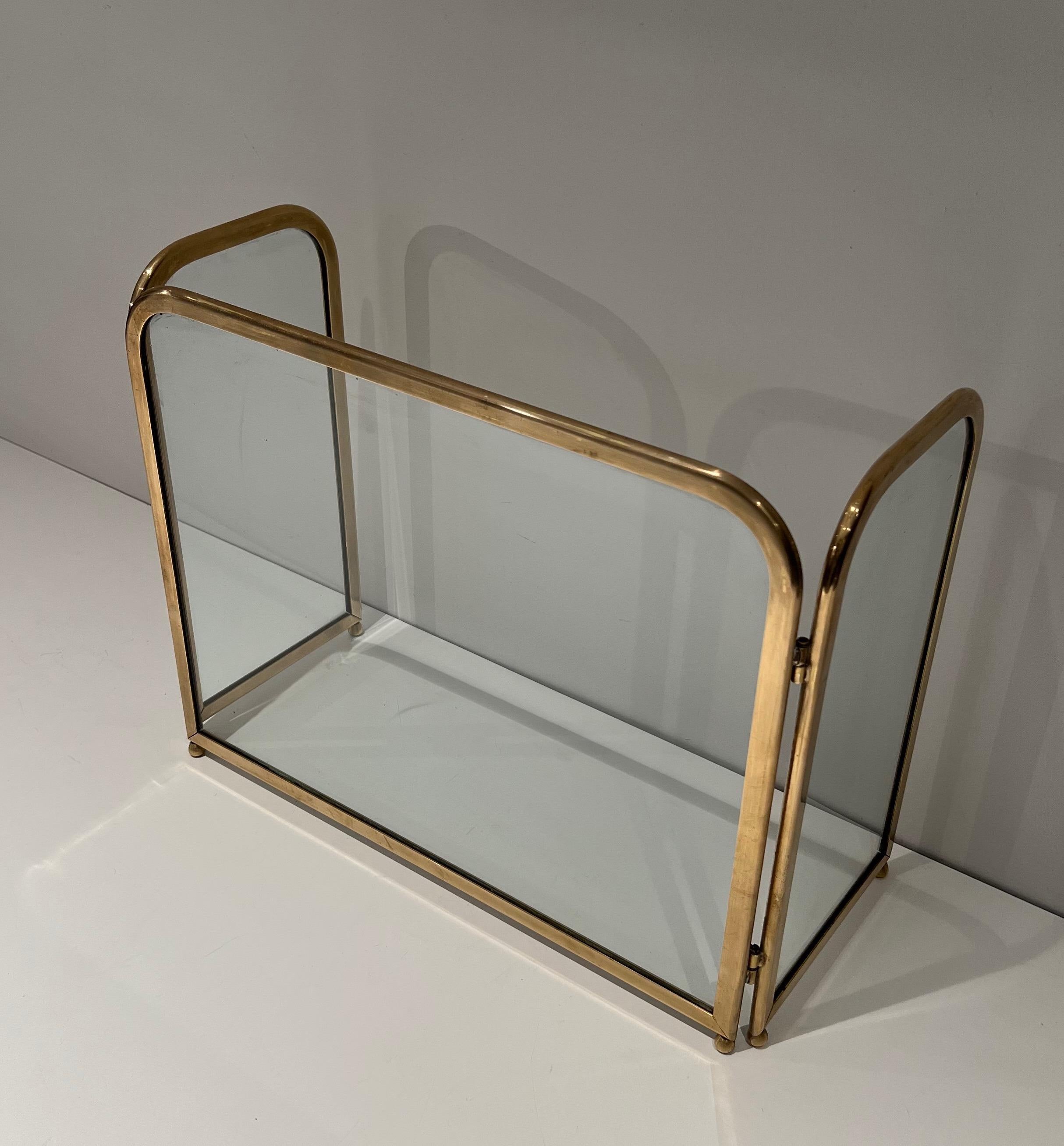 Late 20th Century 3 Glass Panels Fireplace Screen in a Brass Frame