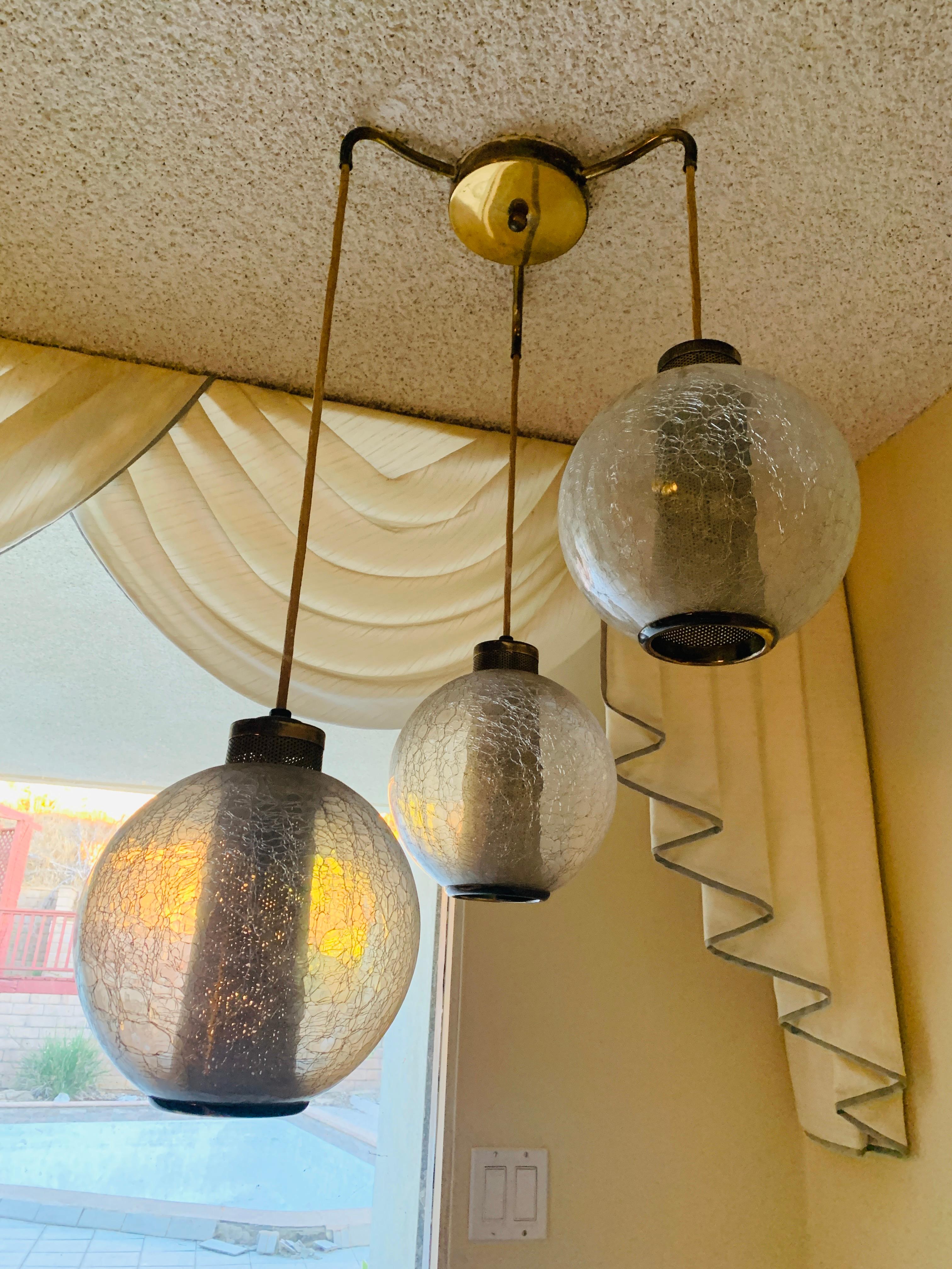 3 Globe Pendant/Chandelier with Crackle Glass and Brass 5