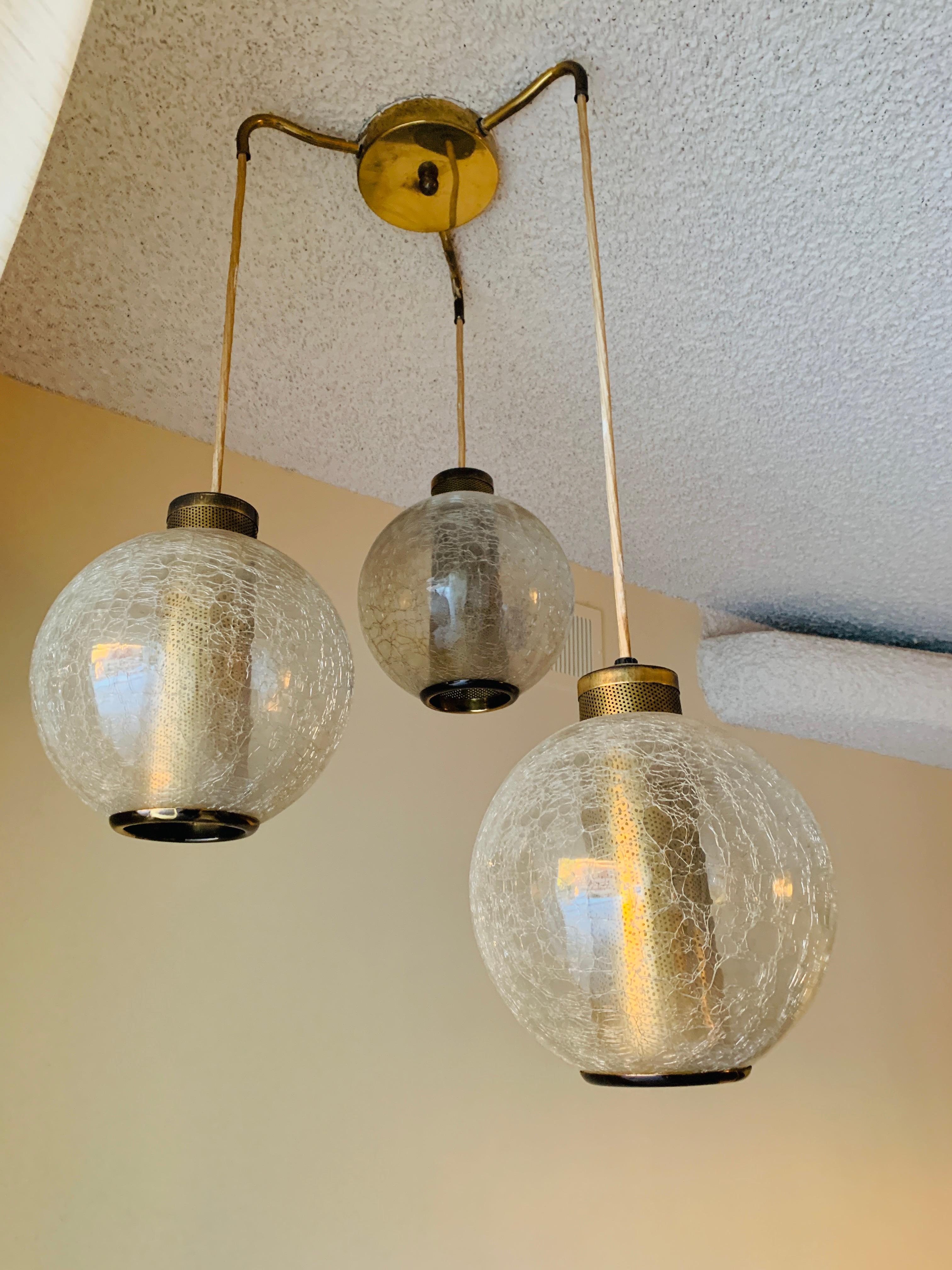 Mid-Century Modern 3 Globe Pendant/Chandelier with Crackle Glass and Brass
