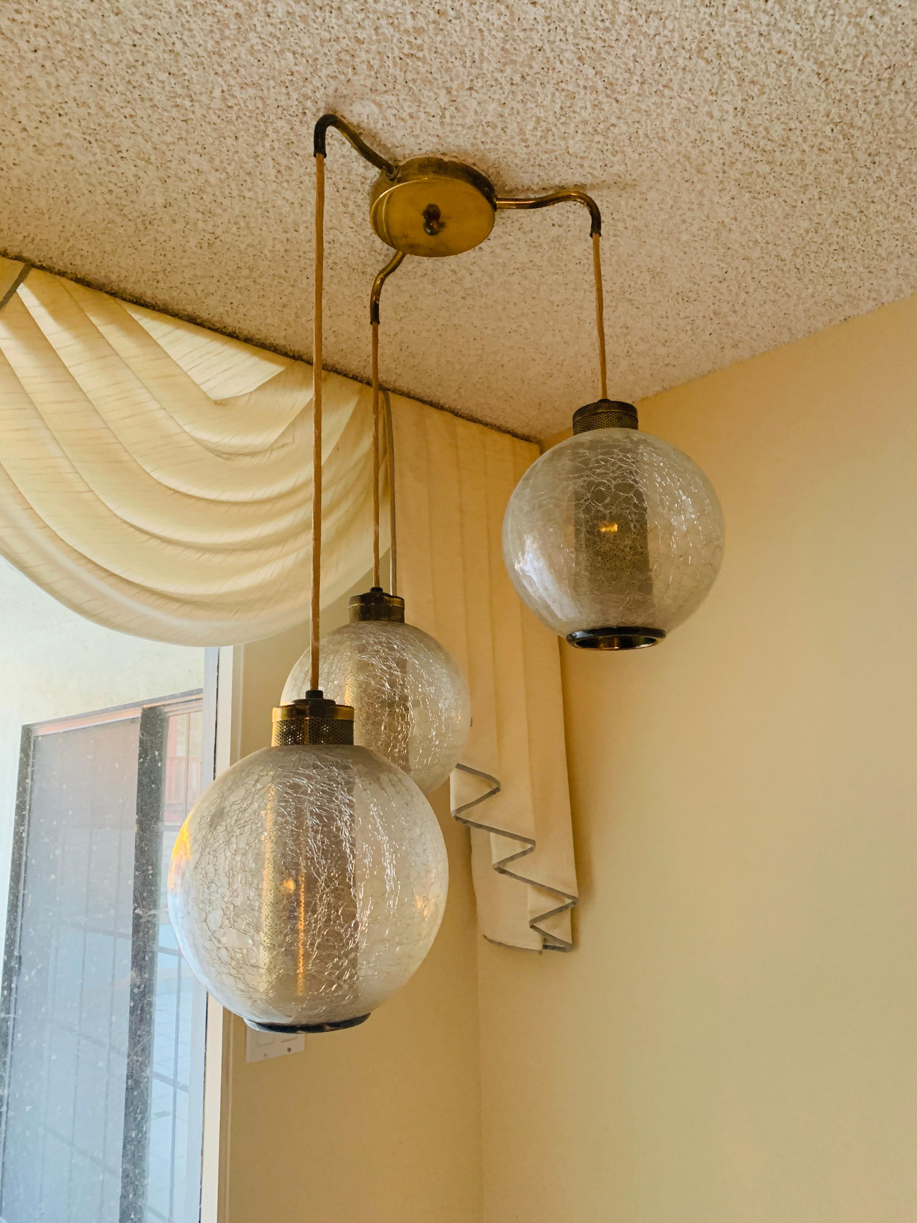 3 Globe Pendant/Chandelier with Crackle Glass and Brass In Good Condition In Los Angeles, CA