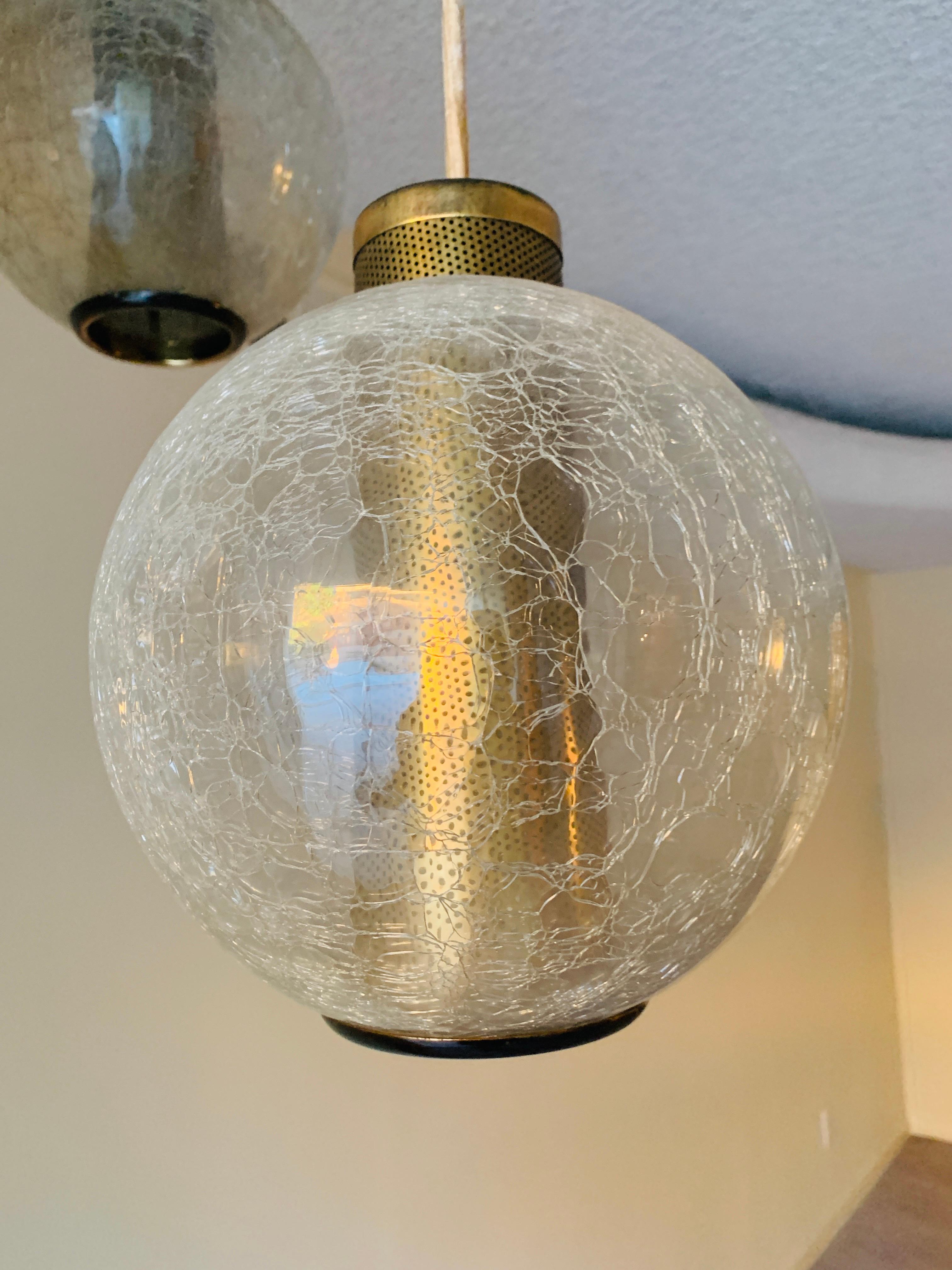 Mid-20th Century 3 Globe Pendant/Chandelier with Crackle Glass and Brass