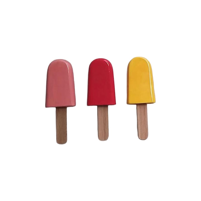 Handmade Glossy Ceramic Popsicle Sculpture Set in Red, Pink, Yellow