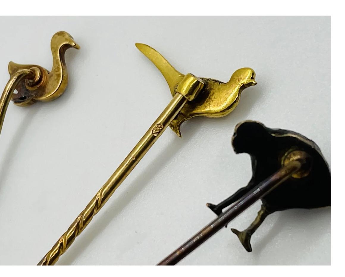 3 Gold Diamond Enamel Natural Pearl Bird Animal Stickpins In Good Condition In New York, NY