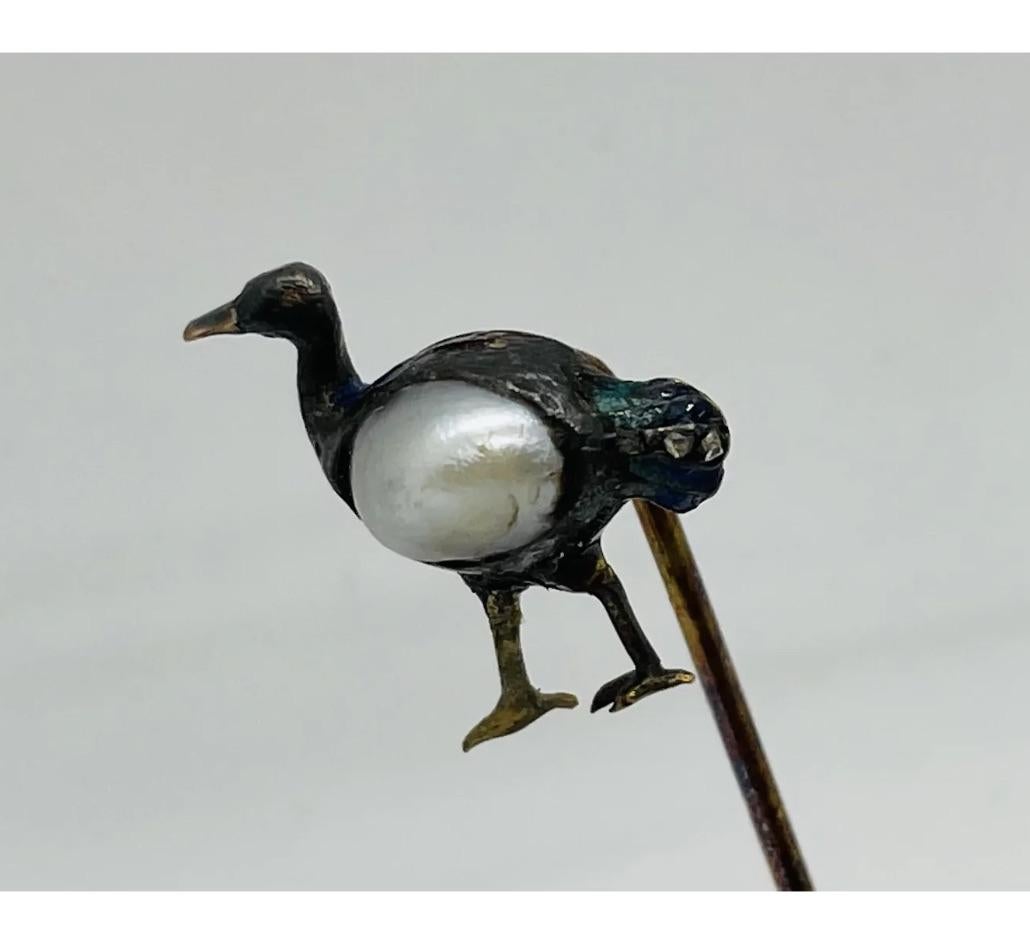 Women's or Men's 3 Gold Diamond Enamel Natural Pearl Bird Animal Stickpins