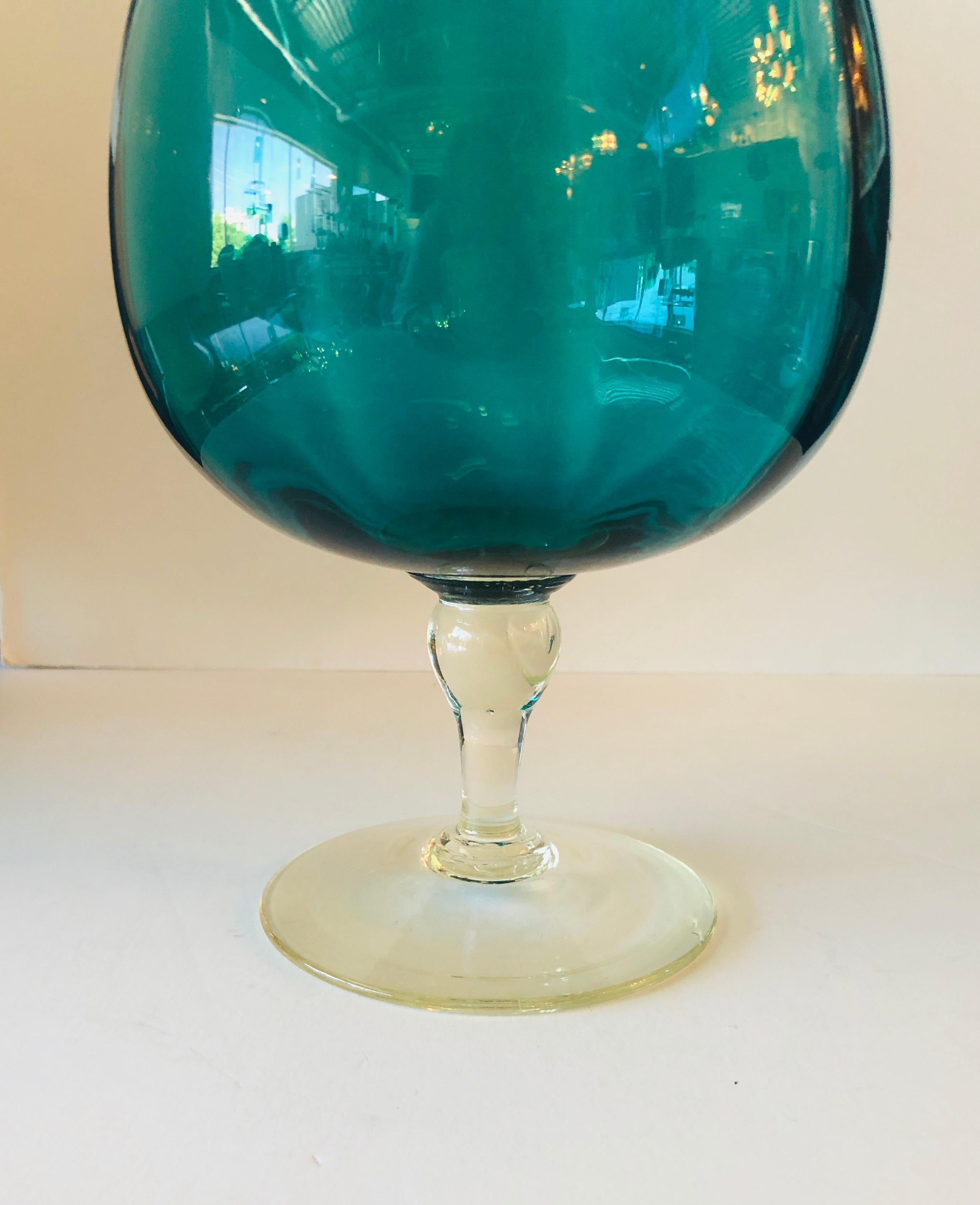 Mid-Century Modern 3 Hand Blown Multi-Green or Blue Hues Large Blown Glass Brandy Snifters or Vases For Sale