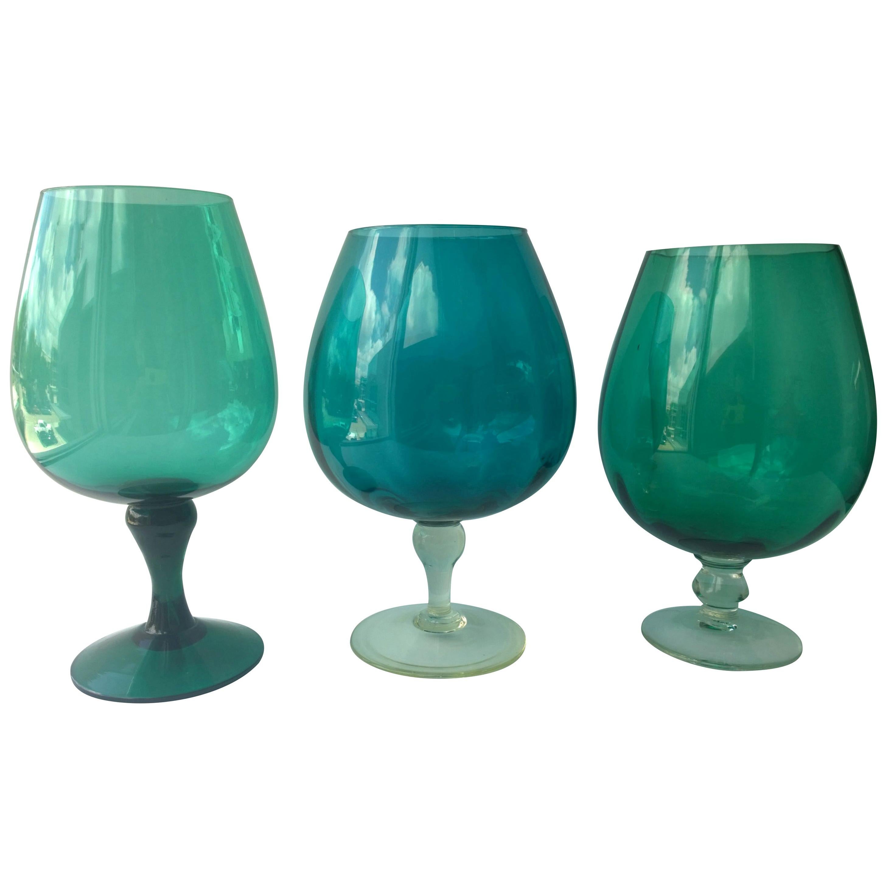3 Hand Blown Multi-Green or Blue Hues Large Blown Glass Brandy Snifters or Vases For Sale