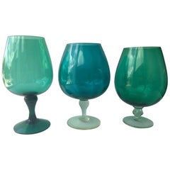 3 Hand Blown Multi-Green or Blue Hues Large Blown Glass Brandy Snifters or Vases