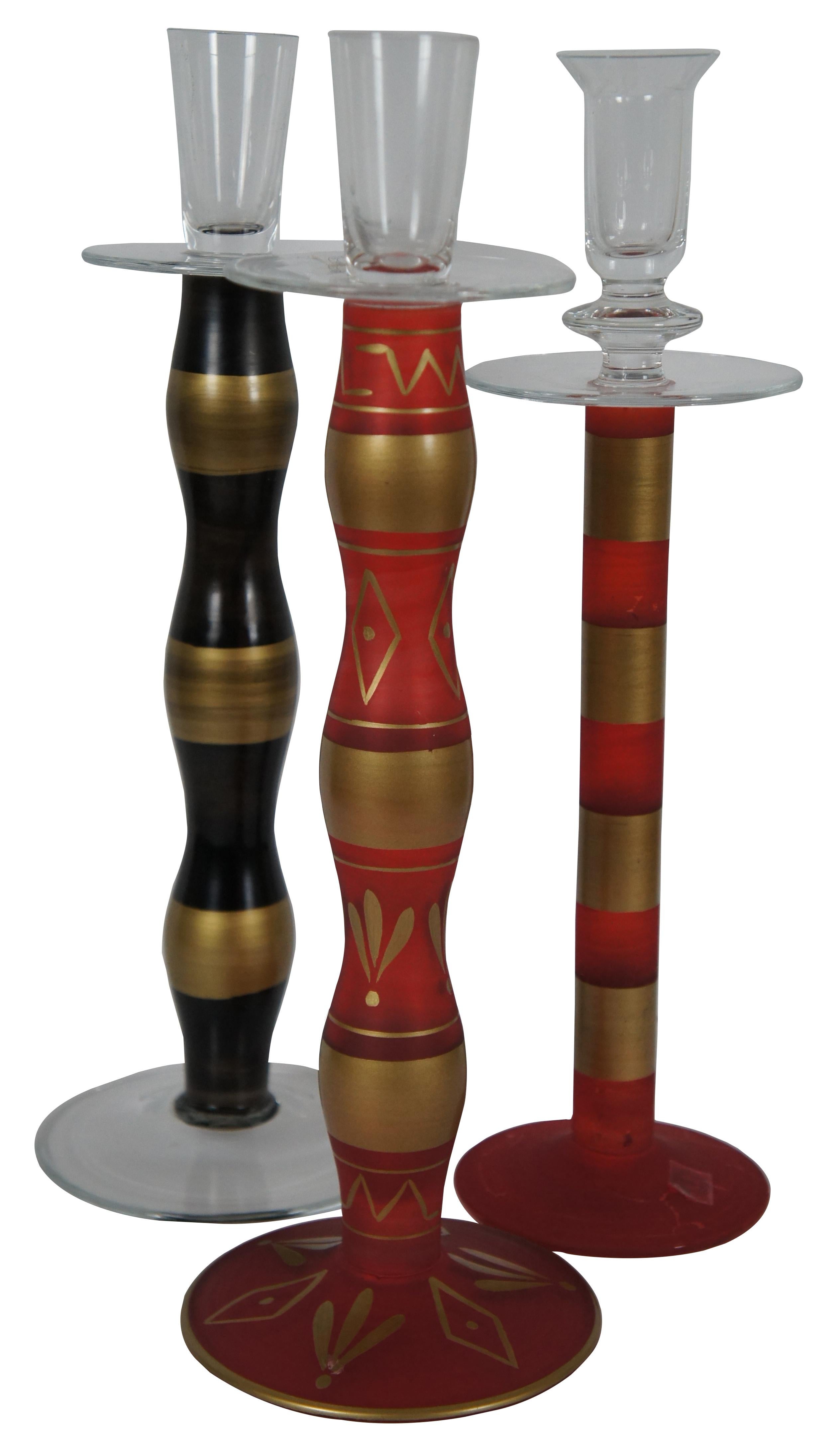 Egyptian Revival 3 Hand Blown Romanian Artisan Art Glass Painted Candlesticks Taper Trio Momo For Sale