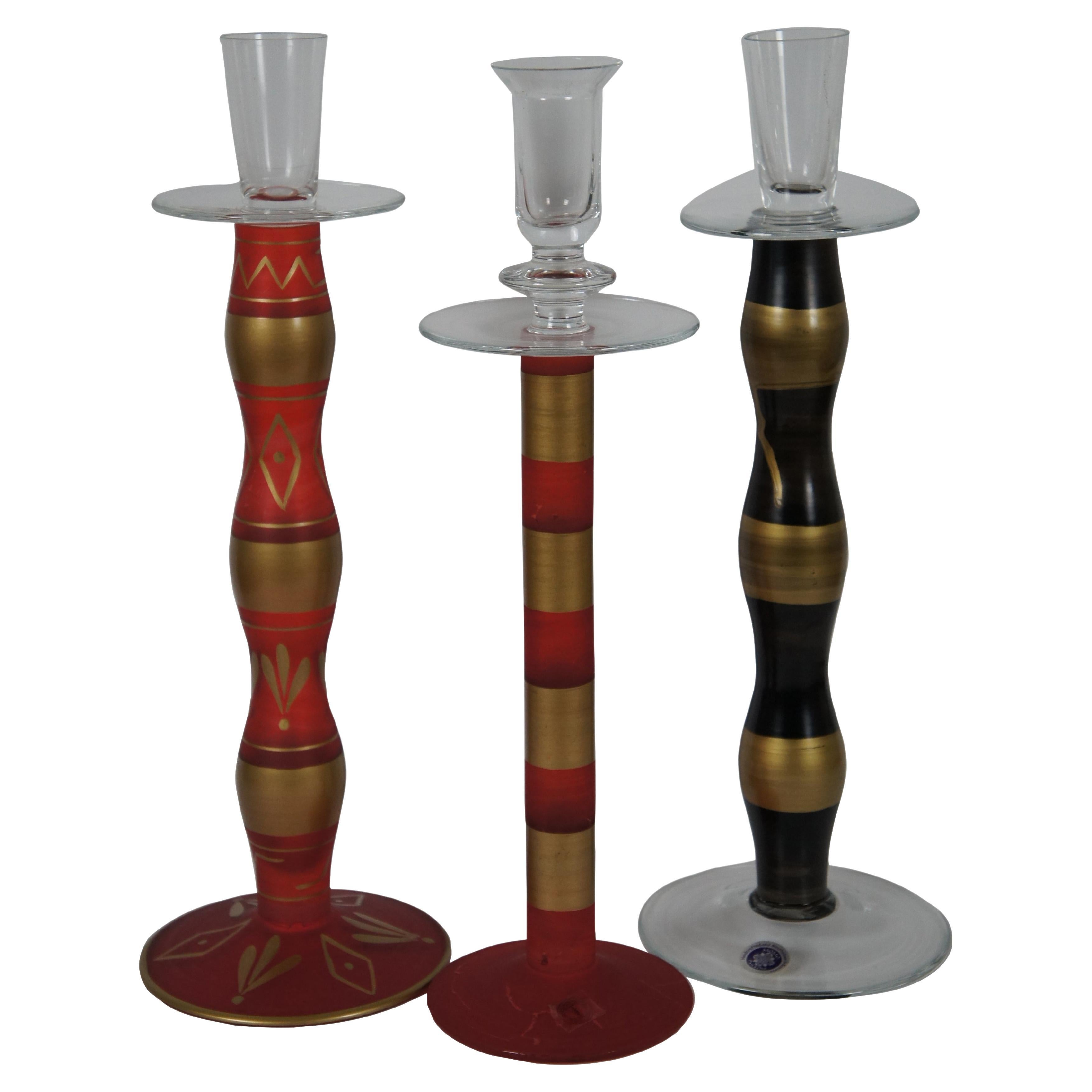3 Hand Blown Romanian Artisan Art Glass Painted Candlesticks Taper Trio Momo