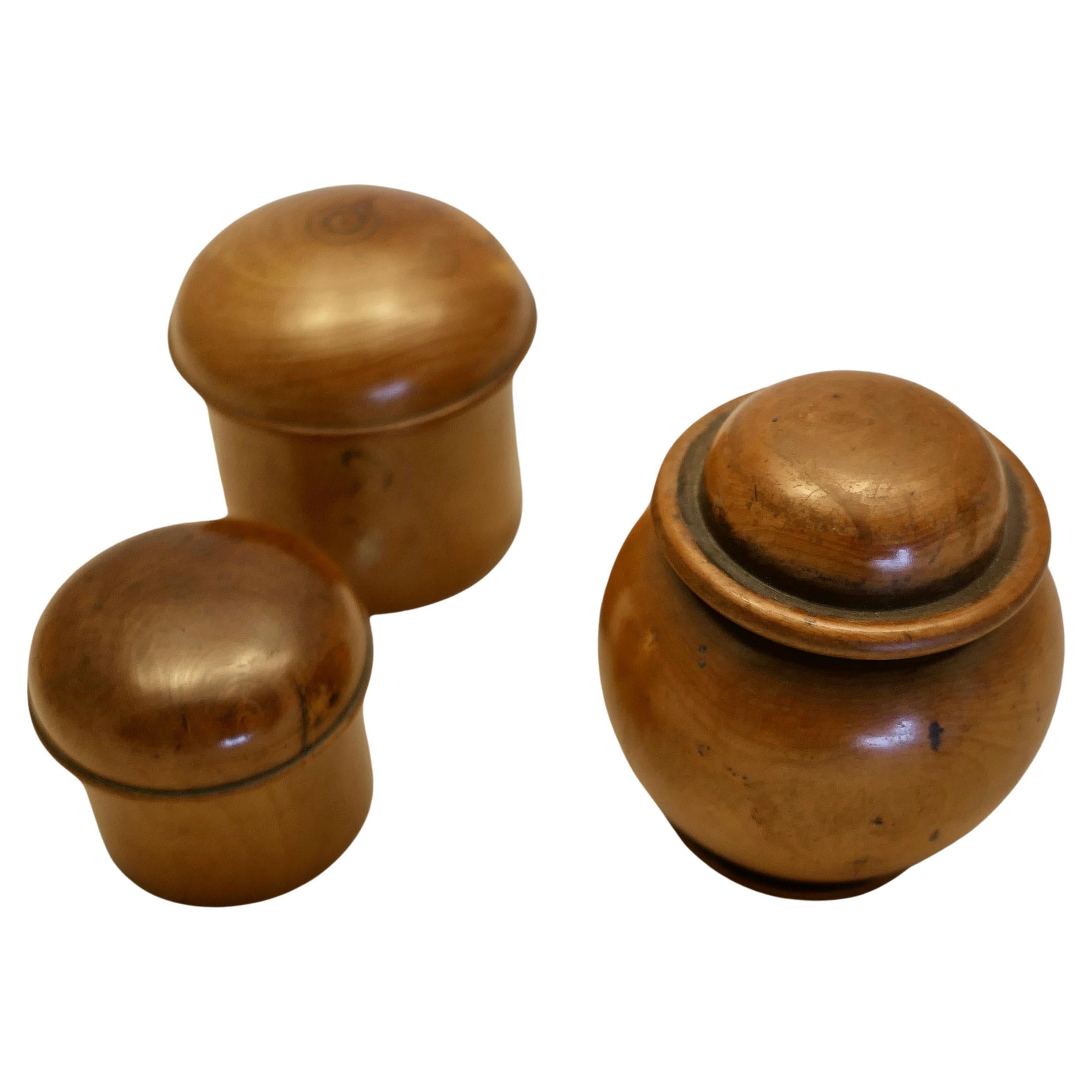 3 Hand Made Sycamore Treen Pots with Lids  The pots have a rich colour   For Sale