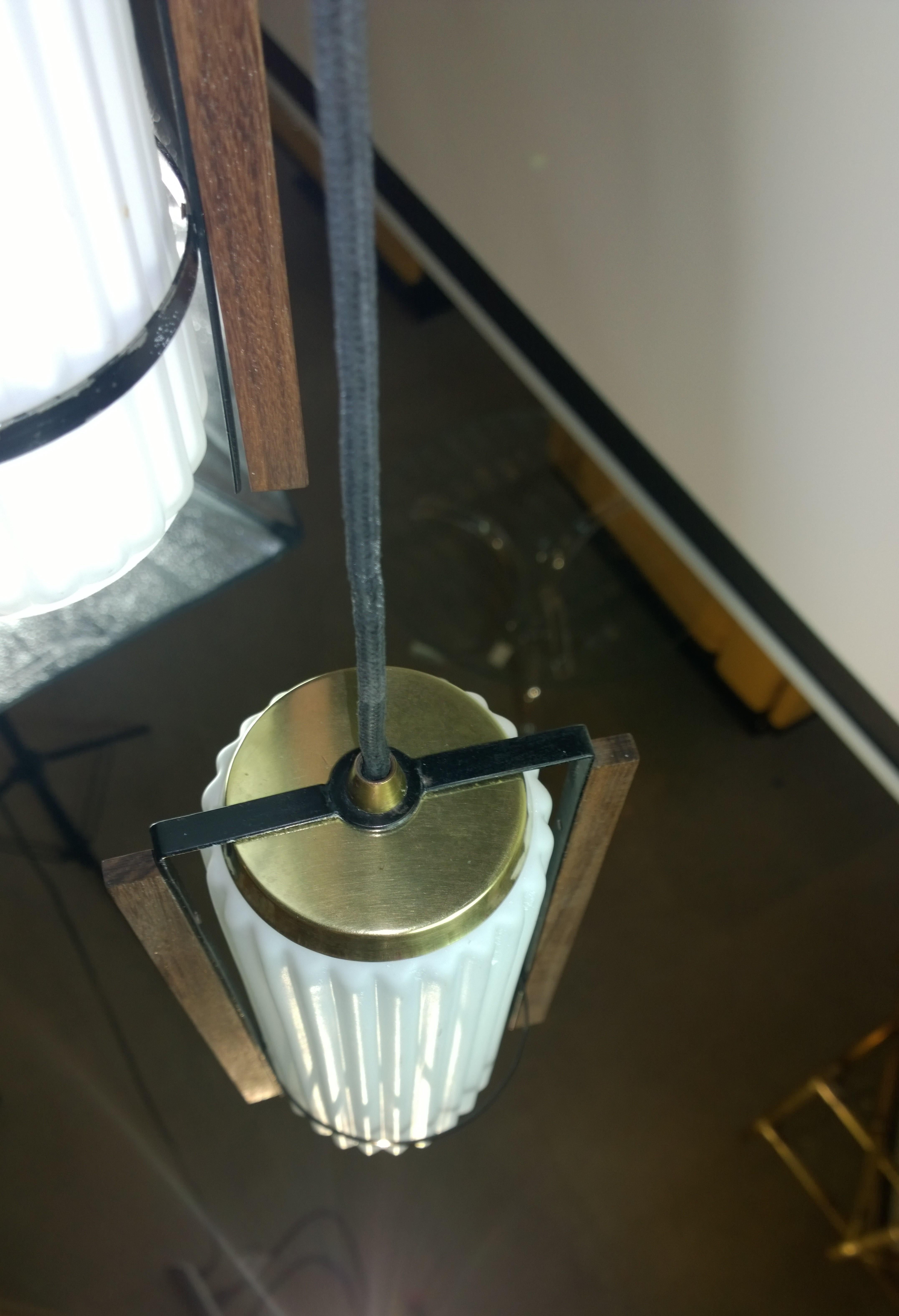 3 Hanging White Fluted Glass Shades w/ Walnut Trim & Black Canopy Pendant Light 4