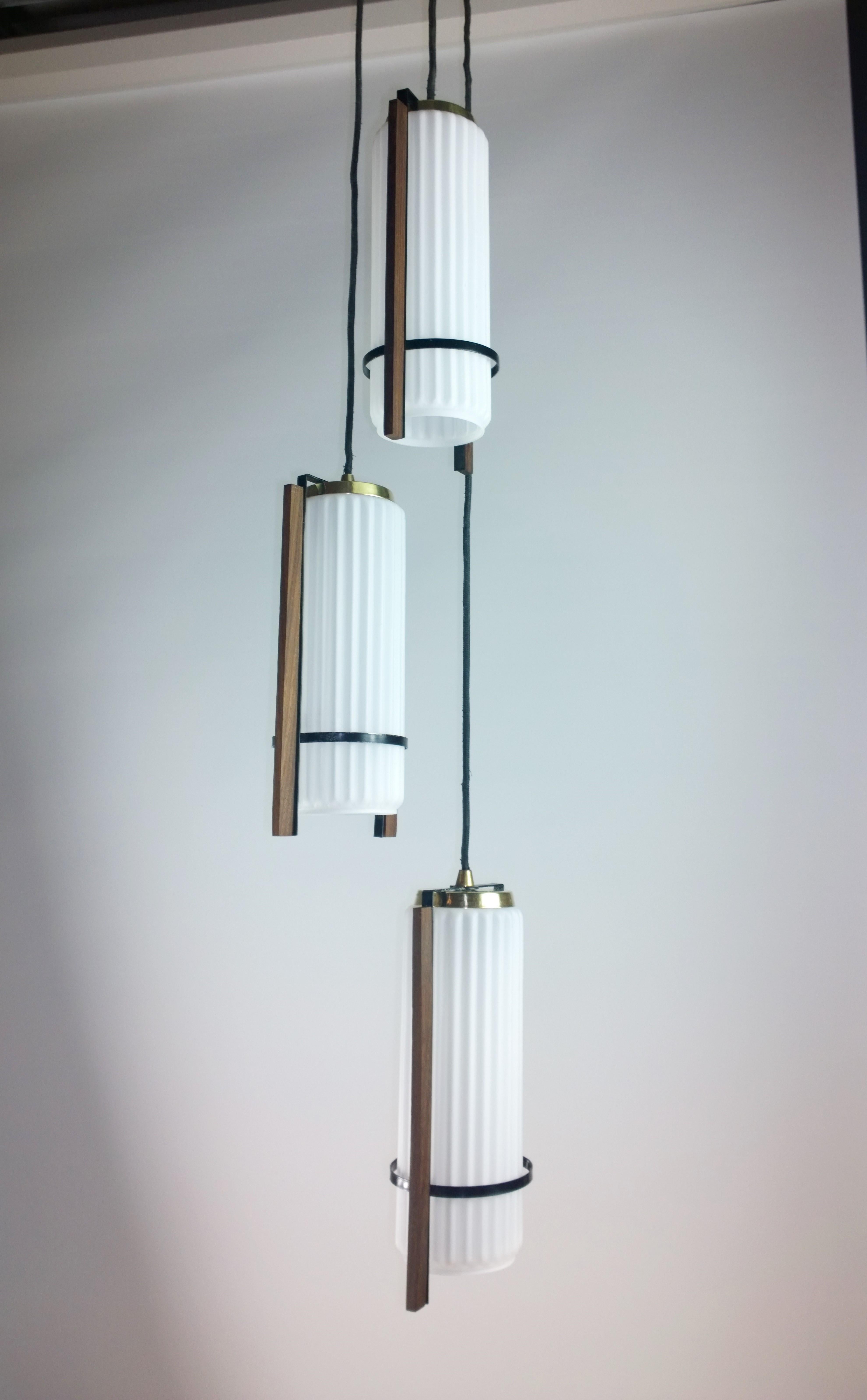 Mid-Century Modern 3 Hanging White Fluted Glass Shades w/ Walnut Trim & Black Canopy Pendant Light