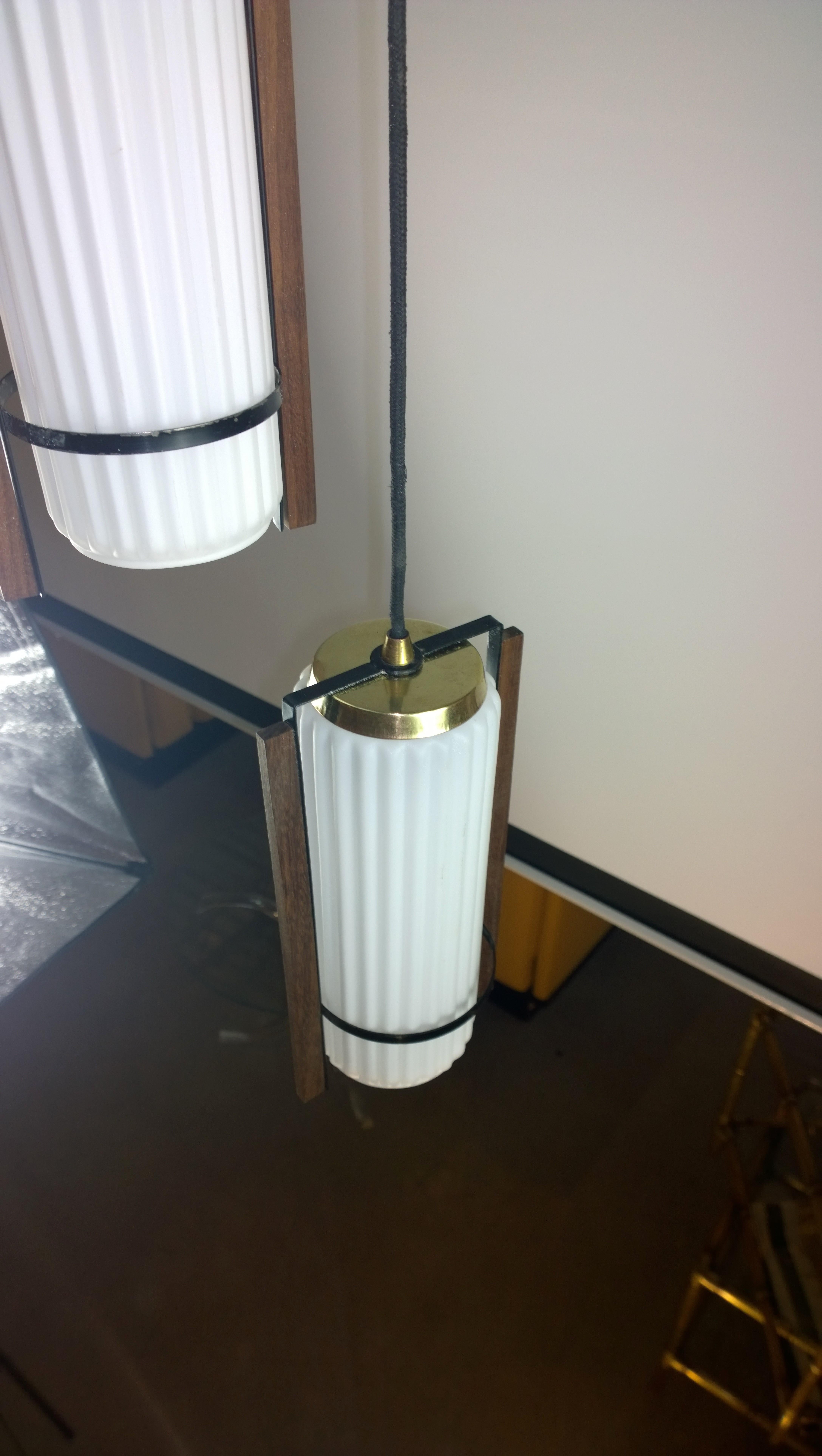 3 Hanging White Fluted Glass Shades w/ Walnut Trim & Black Canopy Pendant Light In Good Condition In Houston, TX