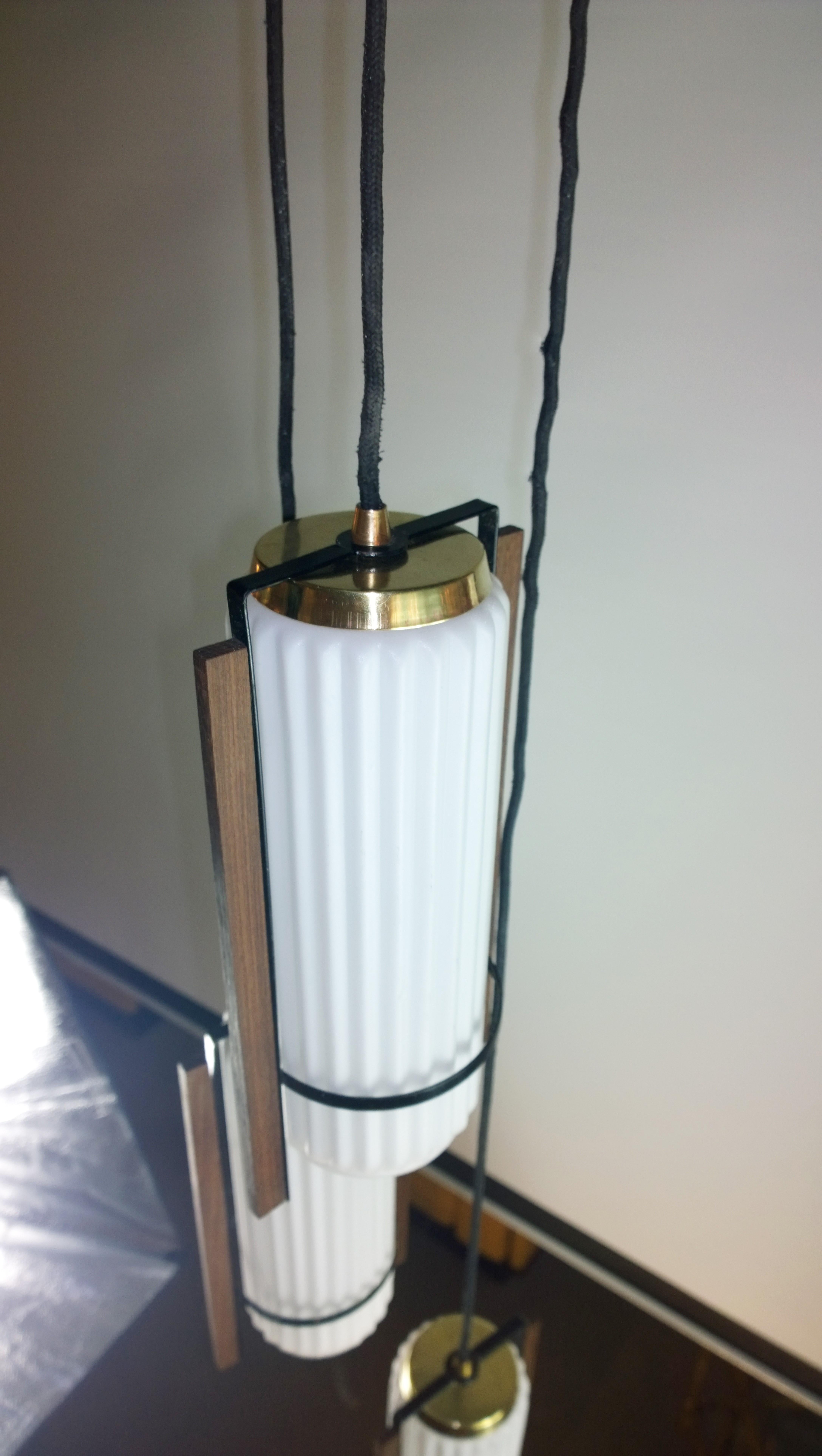 Milk Glass 3 Hanging White Fluted Glass Shades w/ Walnut Trim & Black Canopy Pendant Light