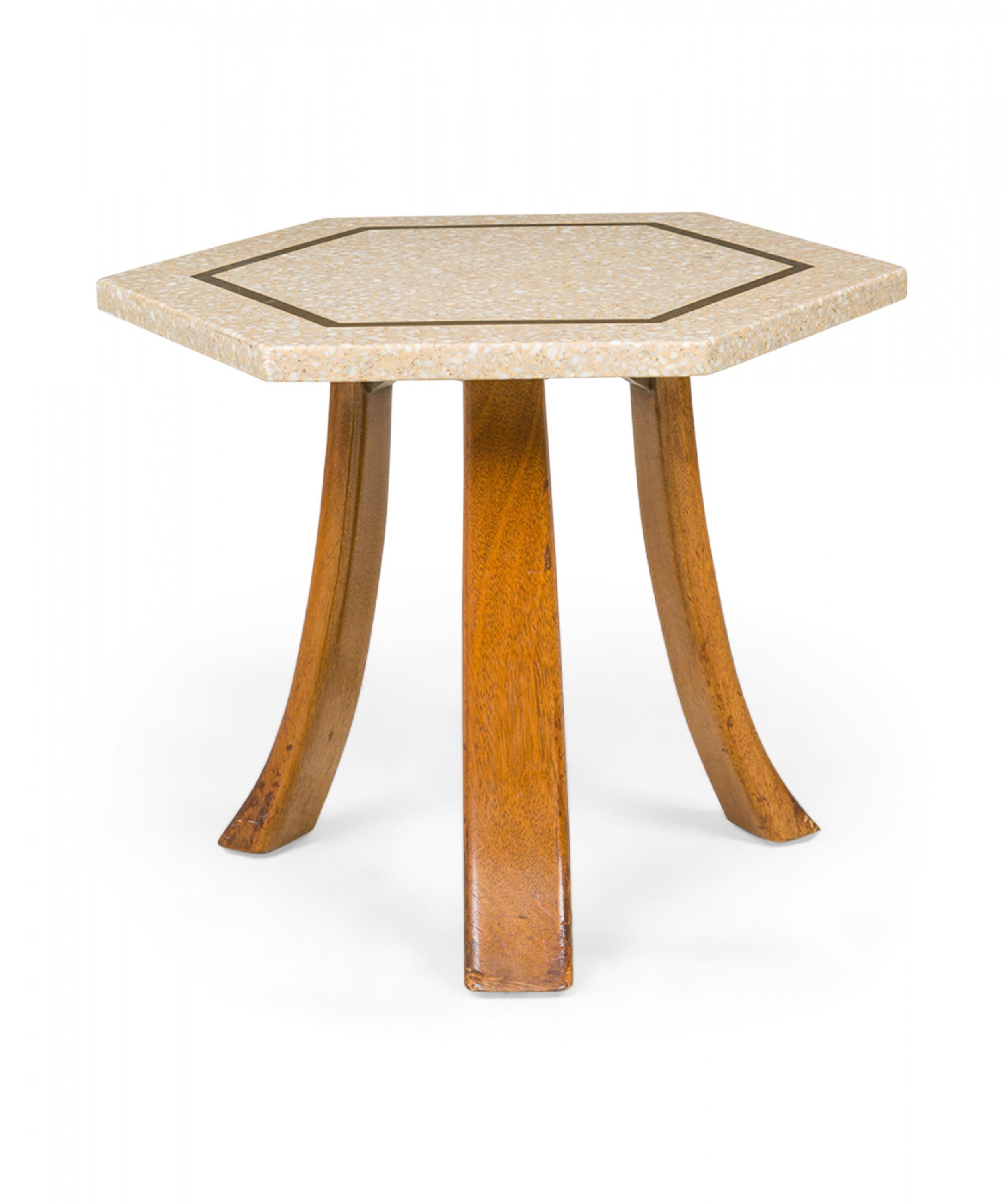 Mid-Century Modern 3 Harvey Probber Beige Terrazzo and Bronze Inlay Hexagonal End / Side Tables For Sale