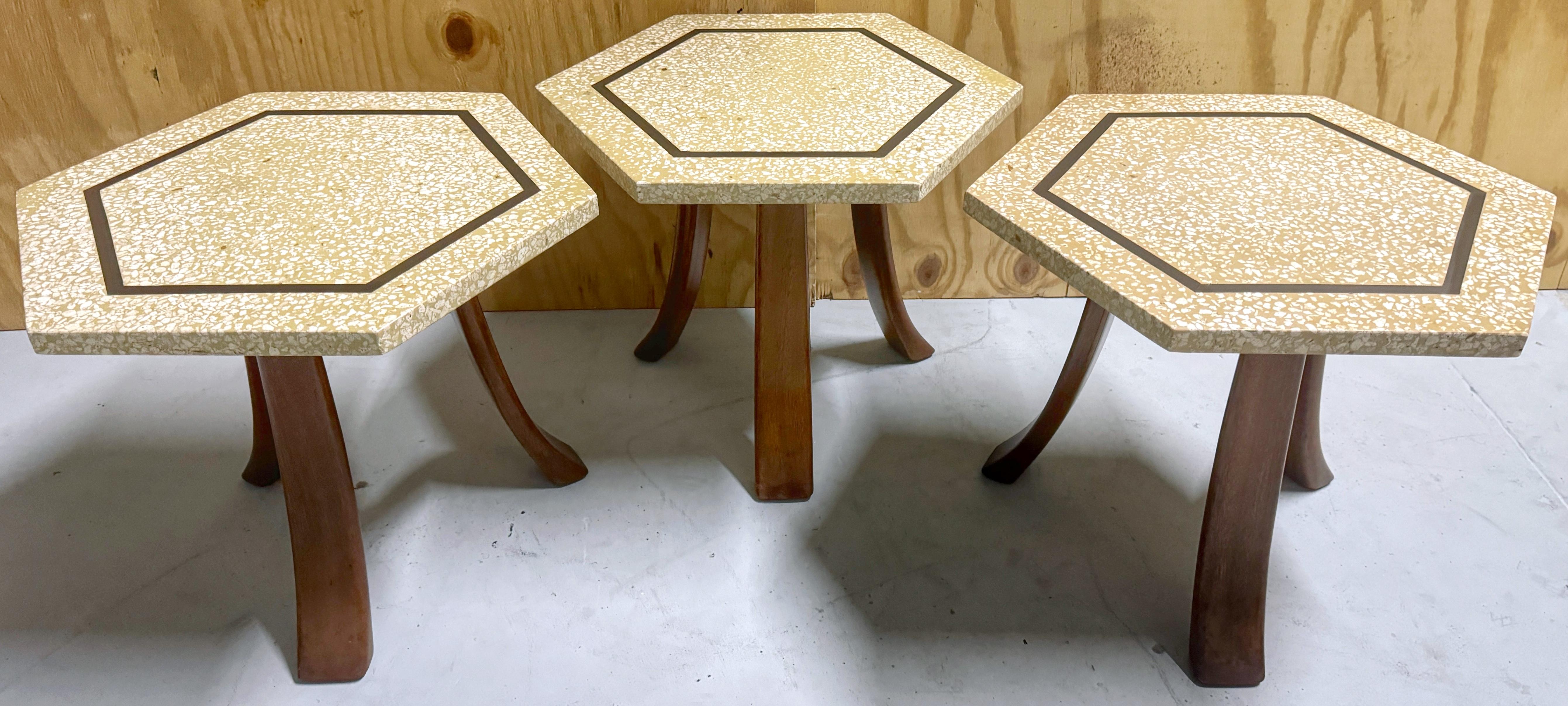 3 Harvey Probber Terrazzo & Bronze Inlay Hexagonal Side Tables Sold Individually
Designed by Harvey Probber (1922-2003) USA, Circa 1950s

We are pleased to offer three period Harvey Probber terrazzo & bronze inlay hexagonal side tables, available