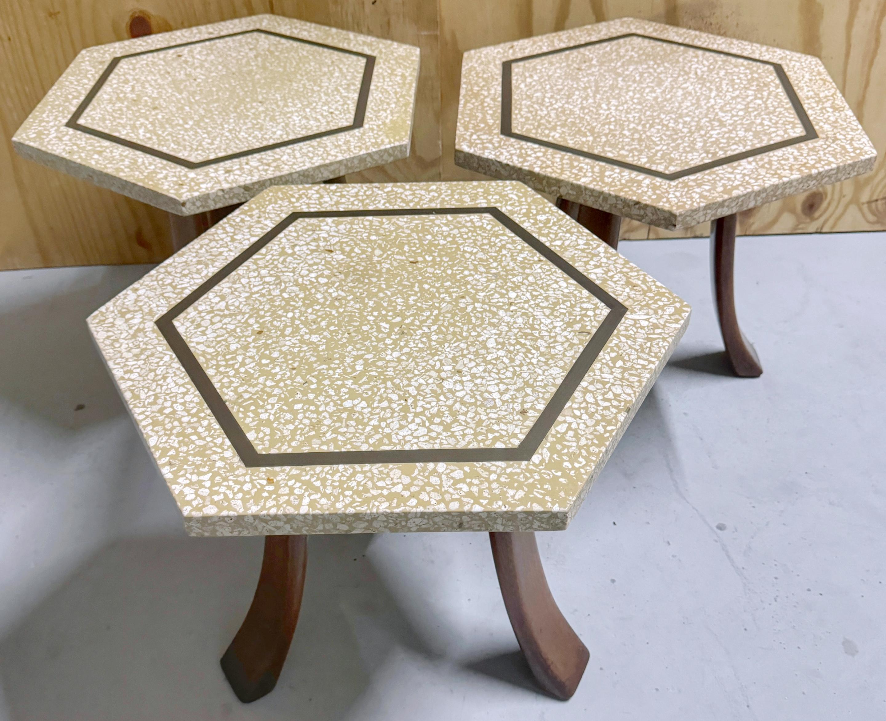 Mid-Century Modern 3 Harvey Probber Terrazzo & Bronze Inlay Hexagonal Side Tables Sold Individually For Sale