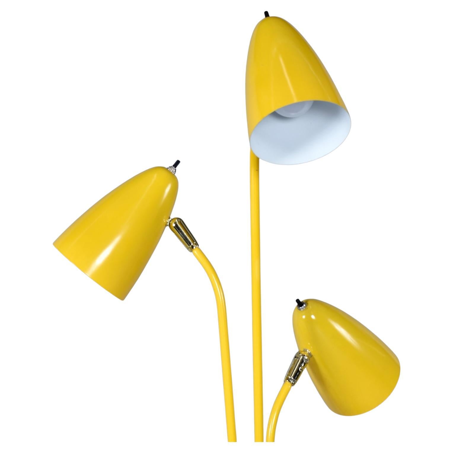 Mid-Century Modern Lampadaire jaune à 3 têtes réglable de style Gerald Thurston, mi-siècle moderne
