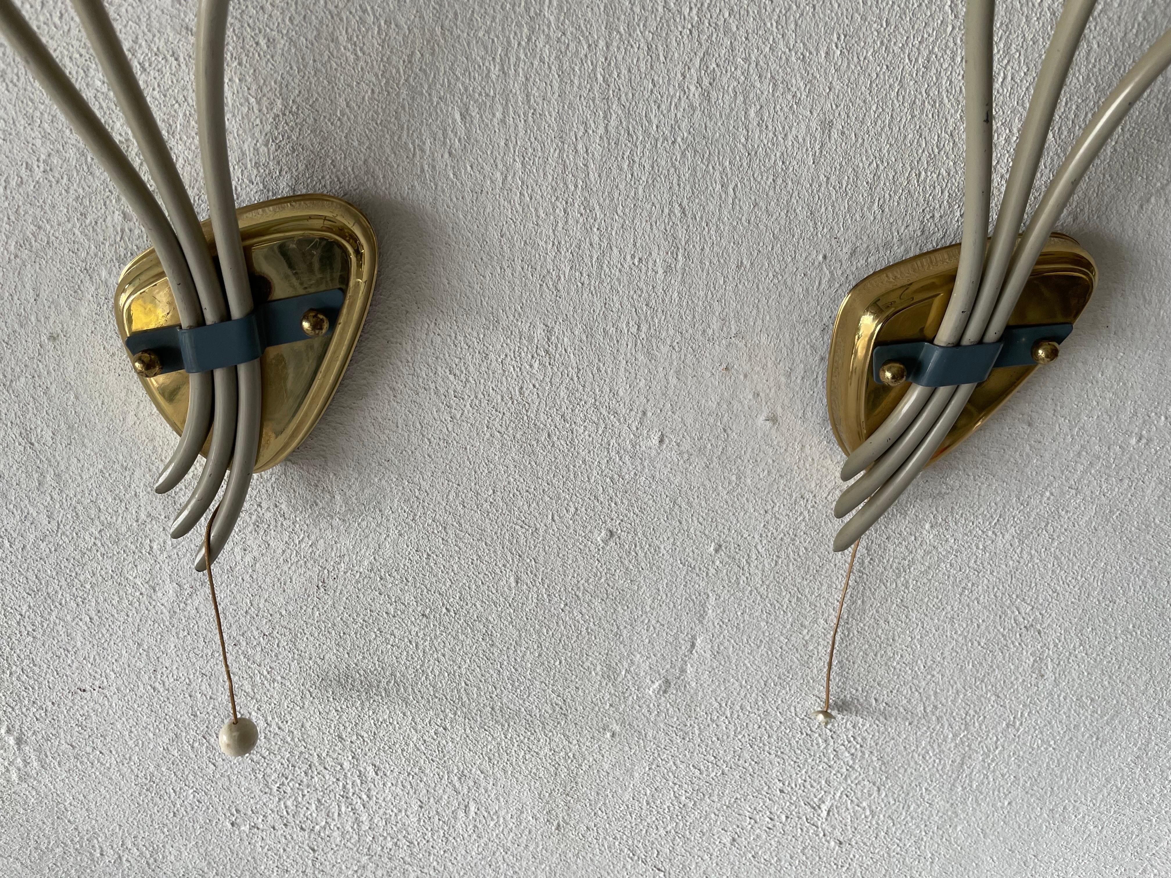 3-head Blue and White Metal Pair of Sputnik Sconces, 1950s, Germany For Sale 4