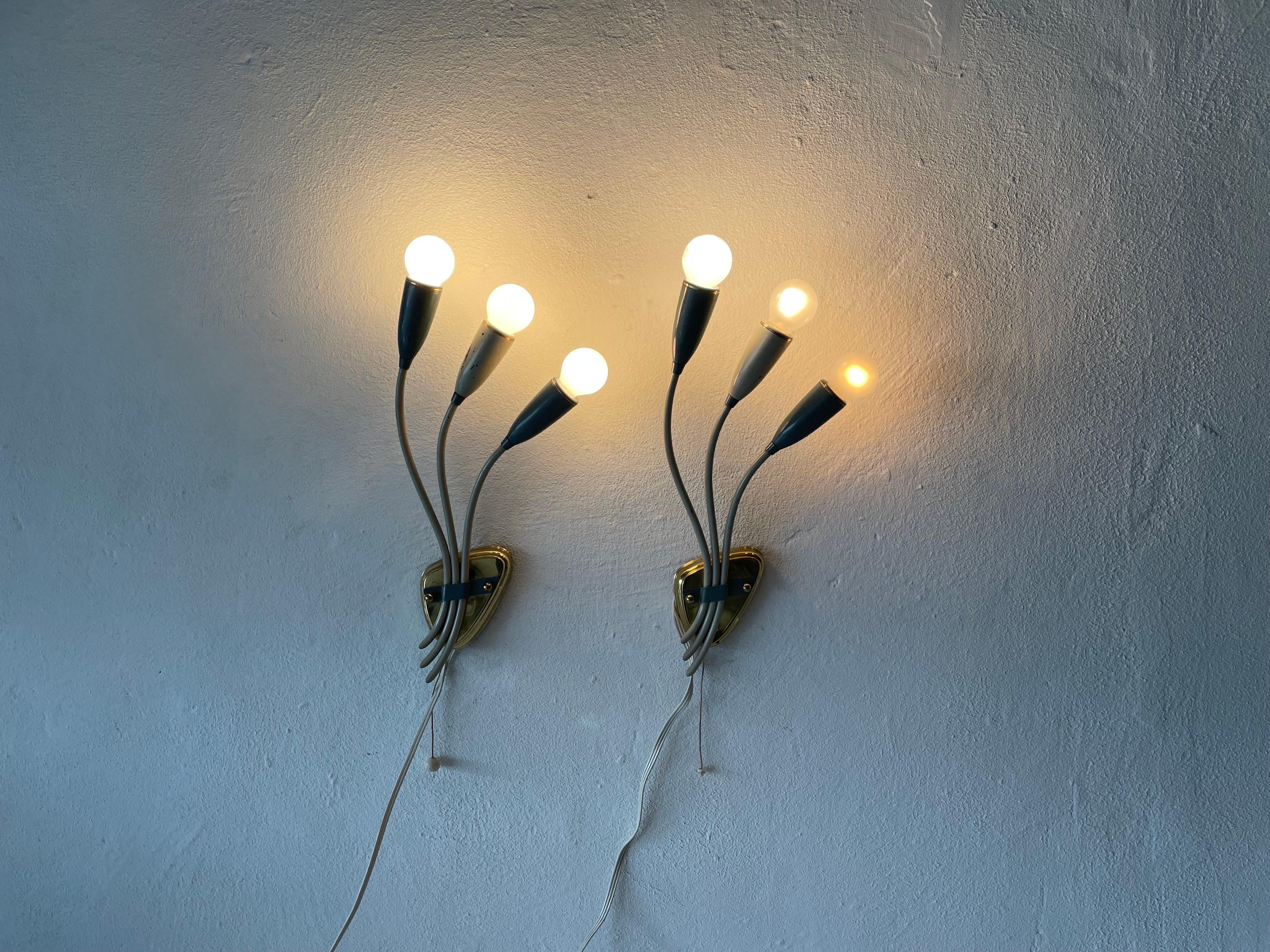 3-head Blue and White Metal Pair of Sputnik Sconces, 1950s, Germany For Sale 5