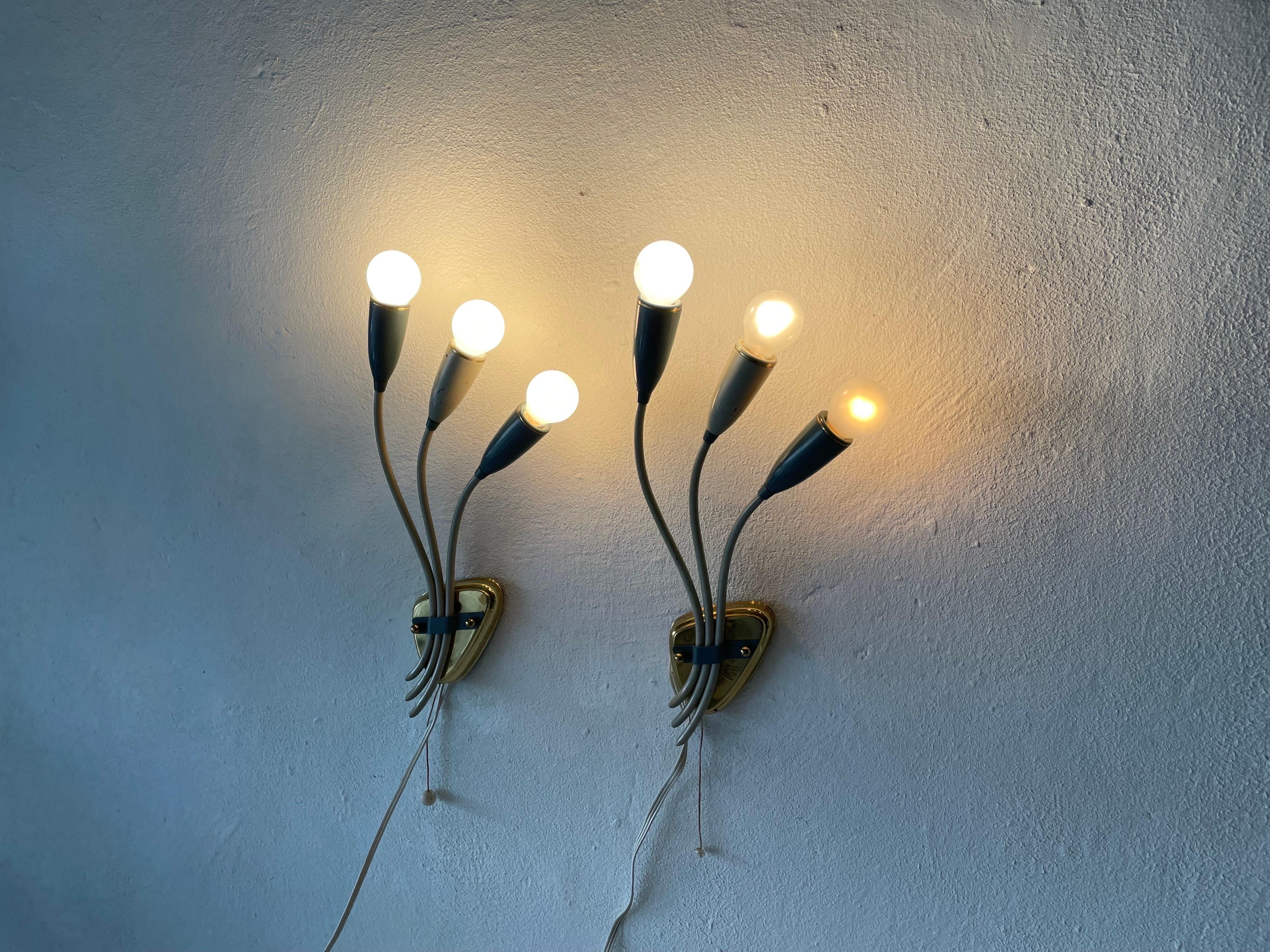 3-head Blue and White Metal Pair of Sputnik Sconces, 1950s, Germany For Sale 6