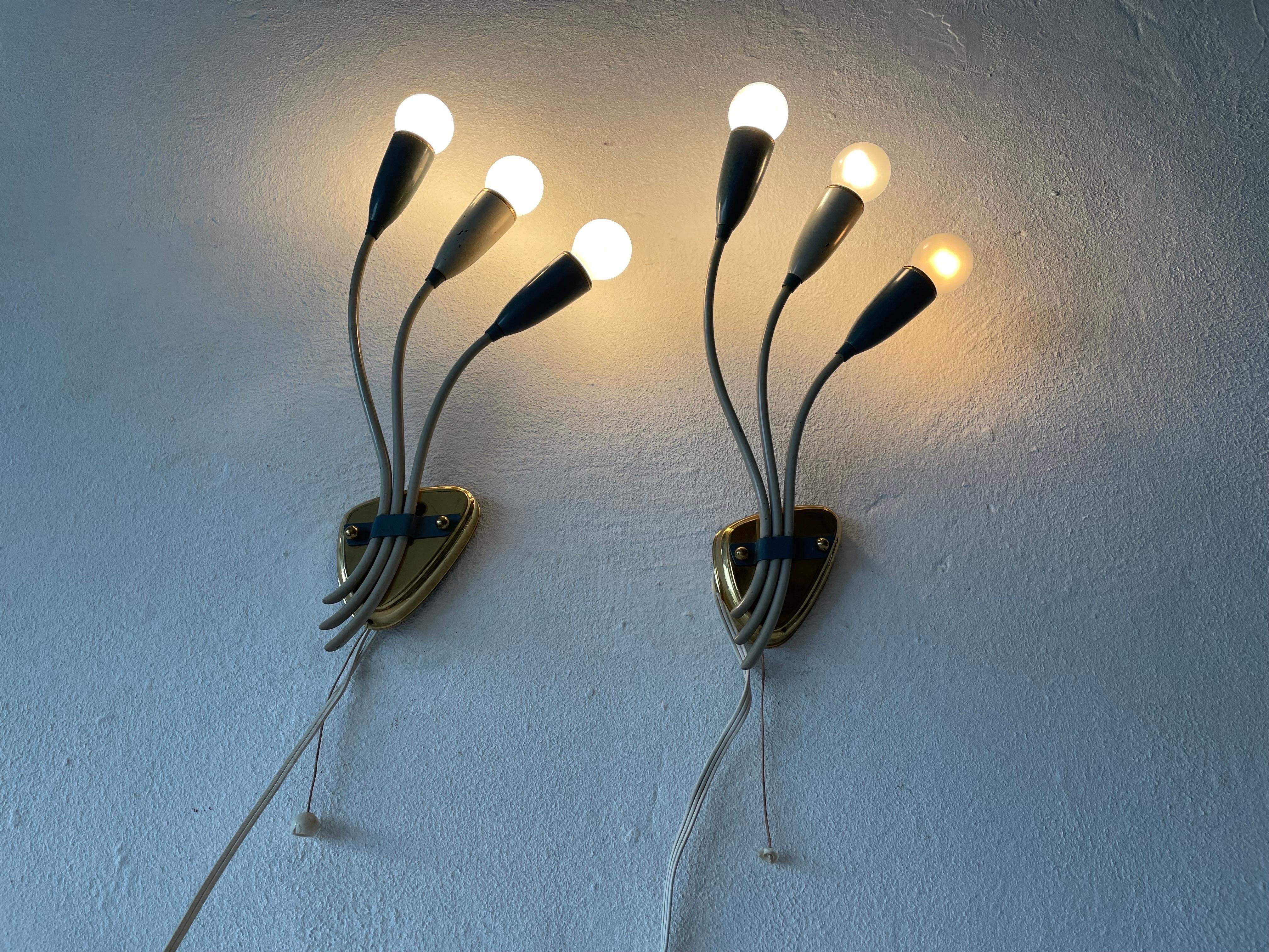 3-head Blue and White Metal Pair of Sputnik Sconces, 1950s, Germany For Sale 8