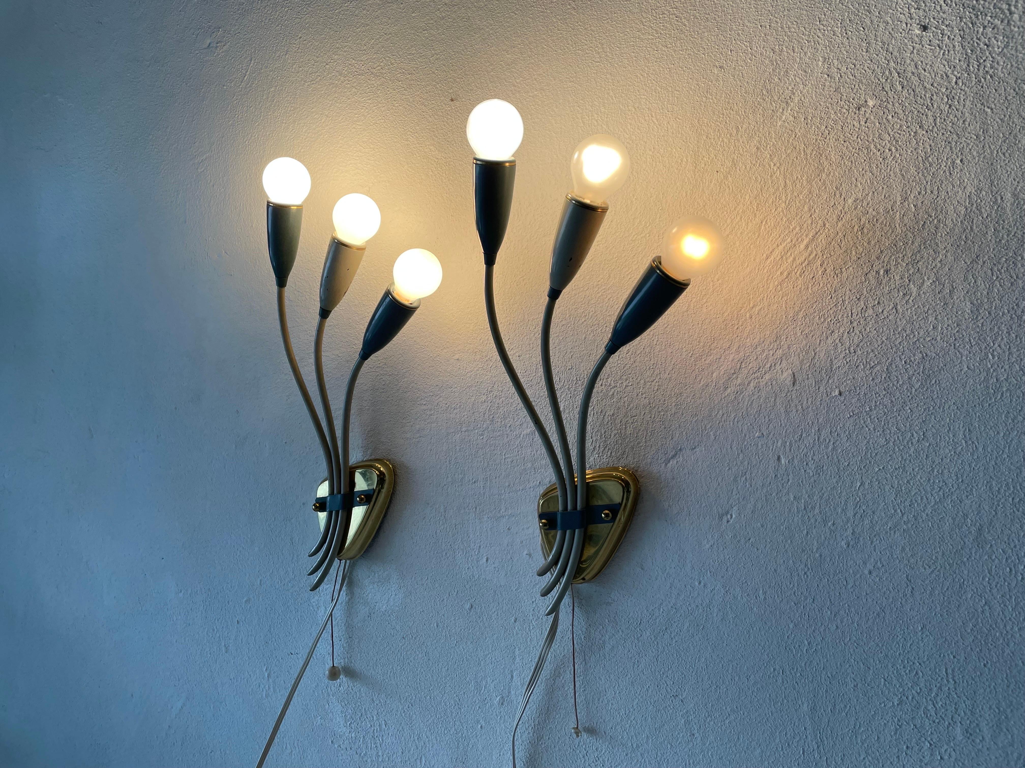 3-head Blue and White Metal Pair of Sputnik Sconces, 1950s, Germany For Sale 11