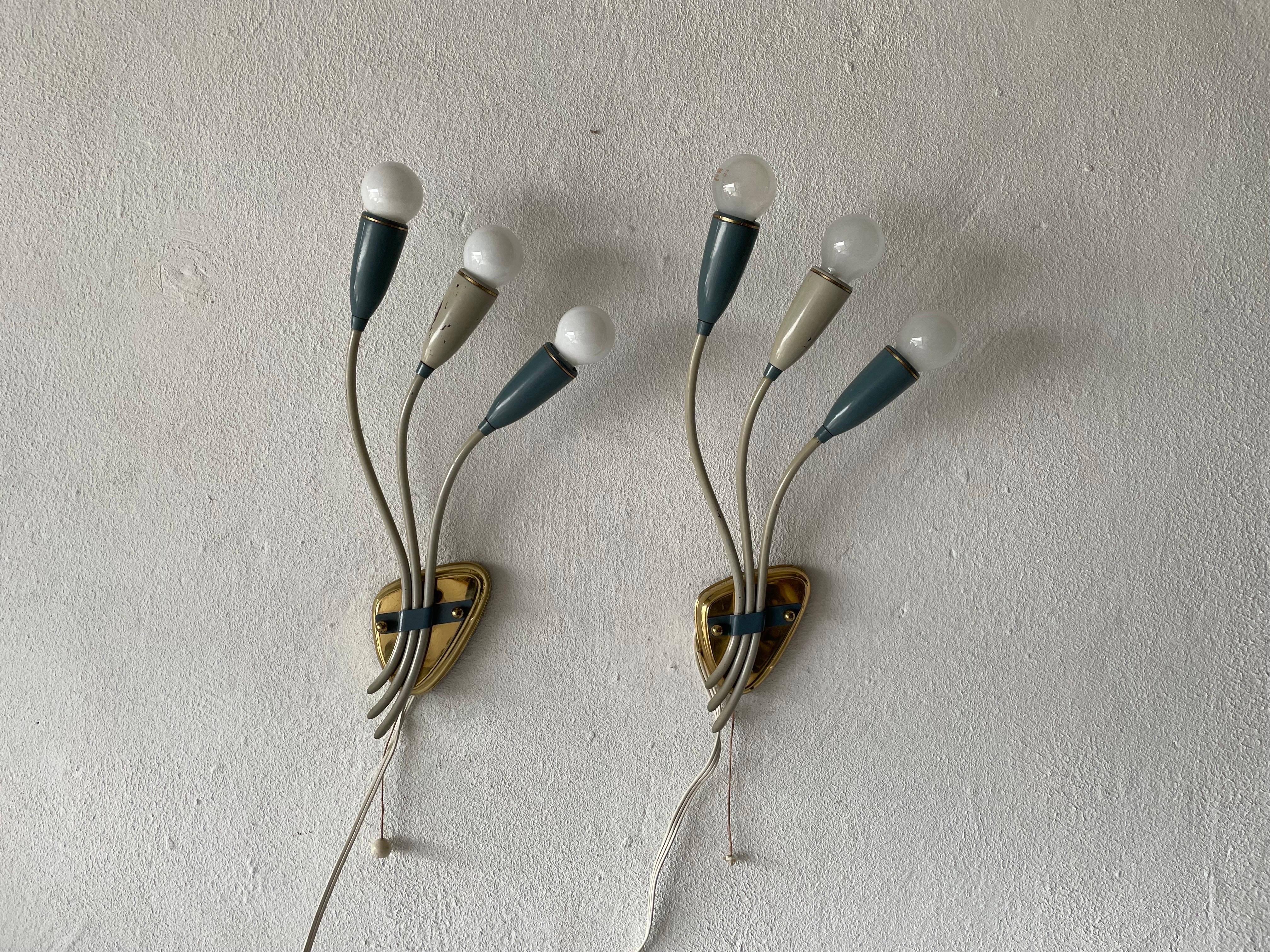 Mid-Century Modern 3-head Blue and White Metal Pair of Sputnik Sconces, 1950s, Germany For Sale