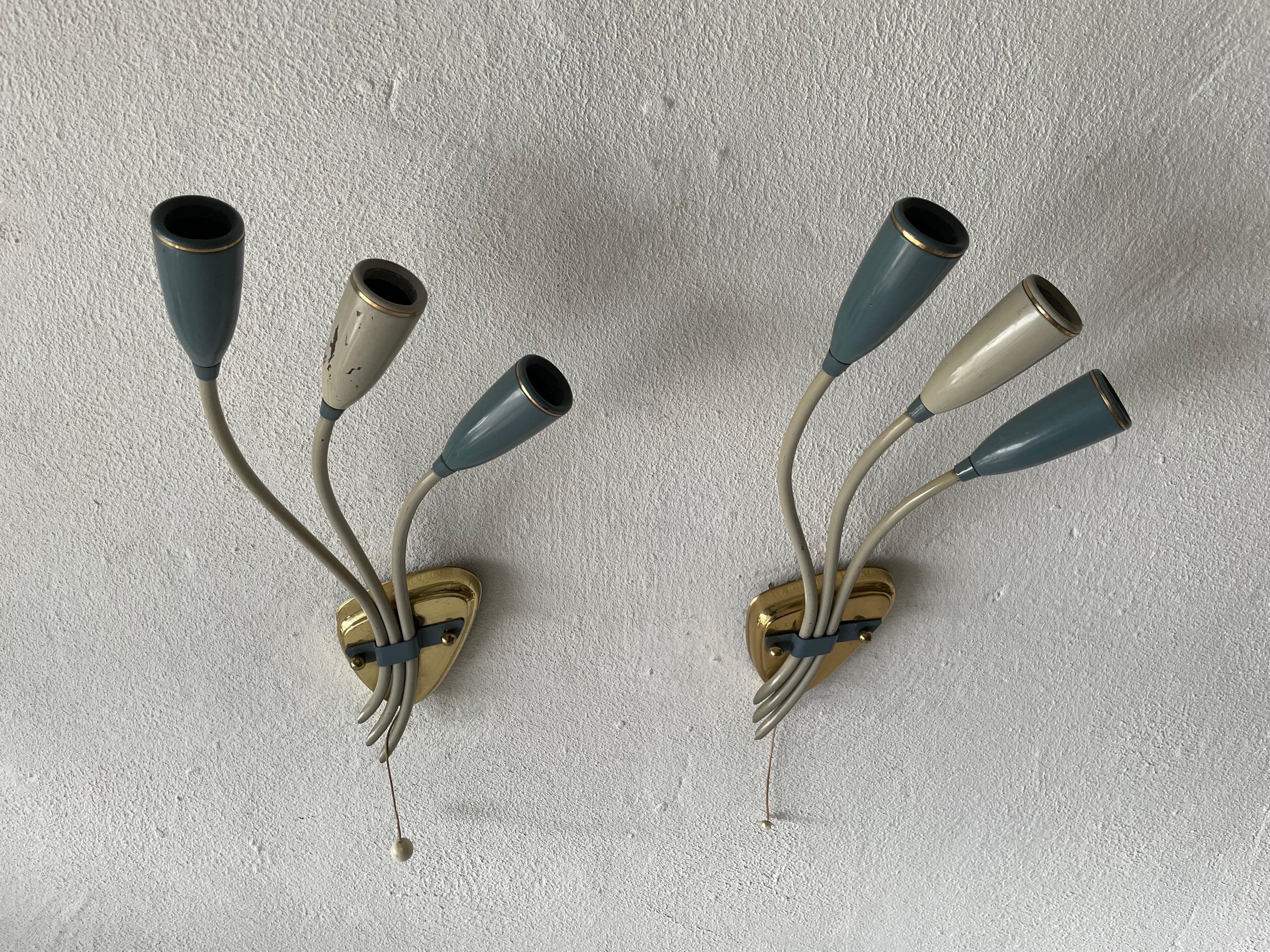 Mid-20th Century 3-head Blue and White Metal Pair of Sputnik Sconces, 1950s, Germany For Sale